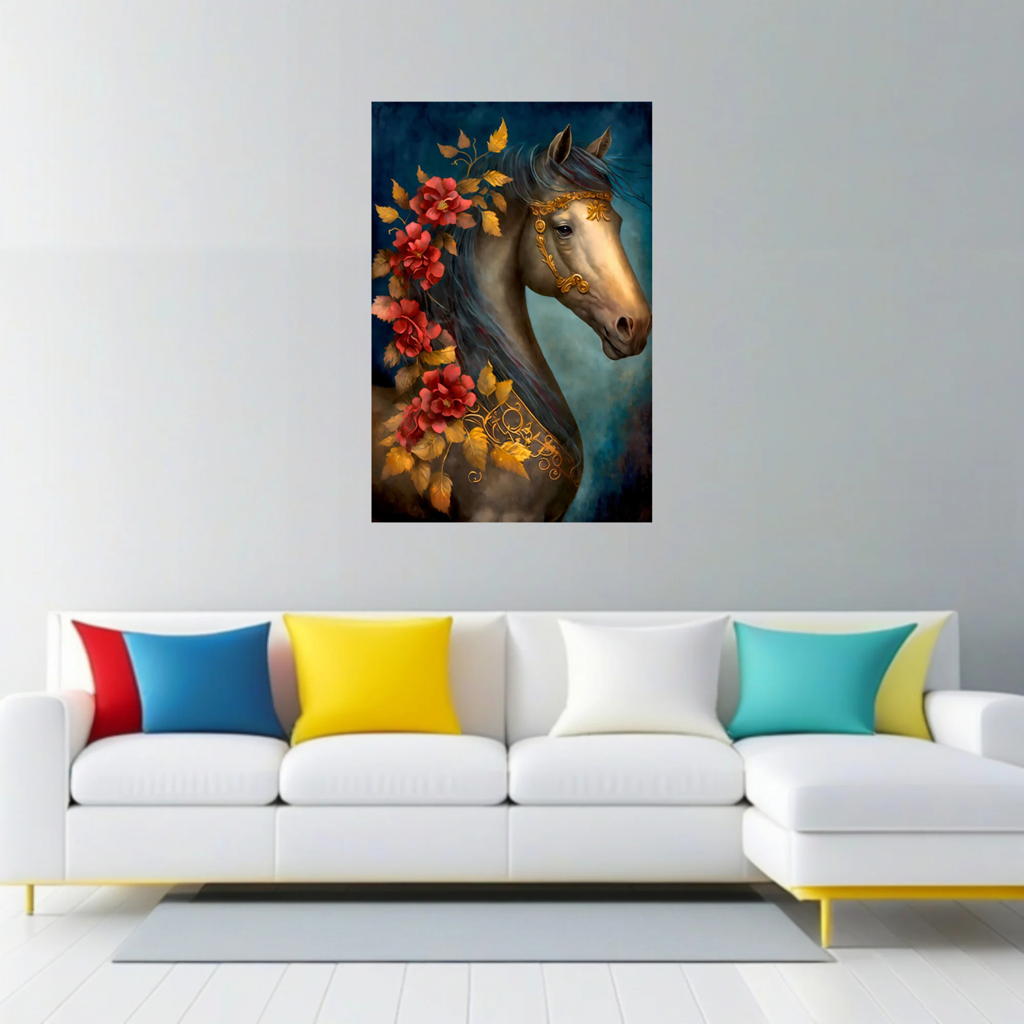 Horse portrait with gold bridle, red florals, and jewel-tone palette