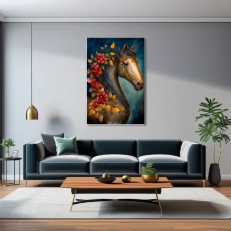 Horse portrait with gold bridle, red florals, and jewel-tone palette