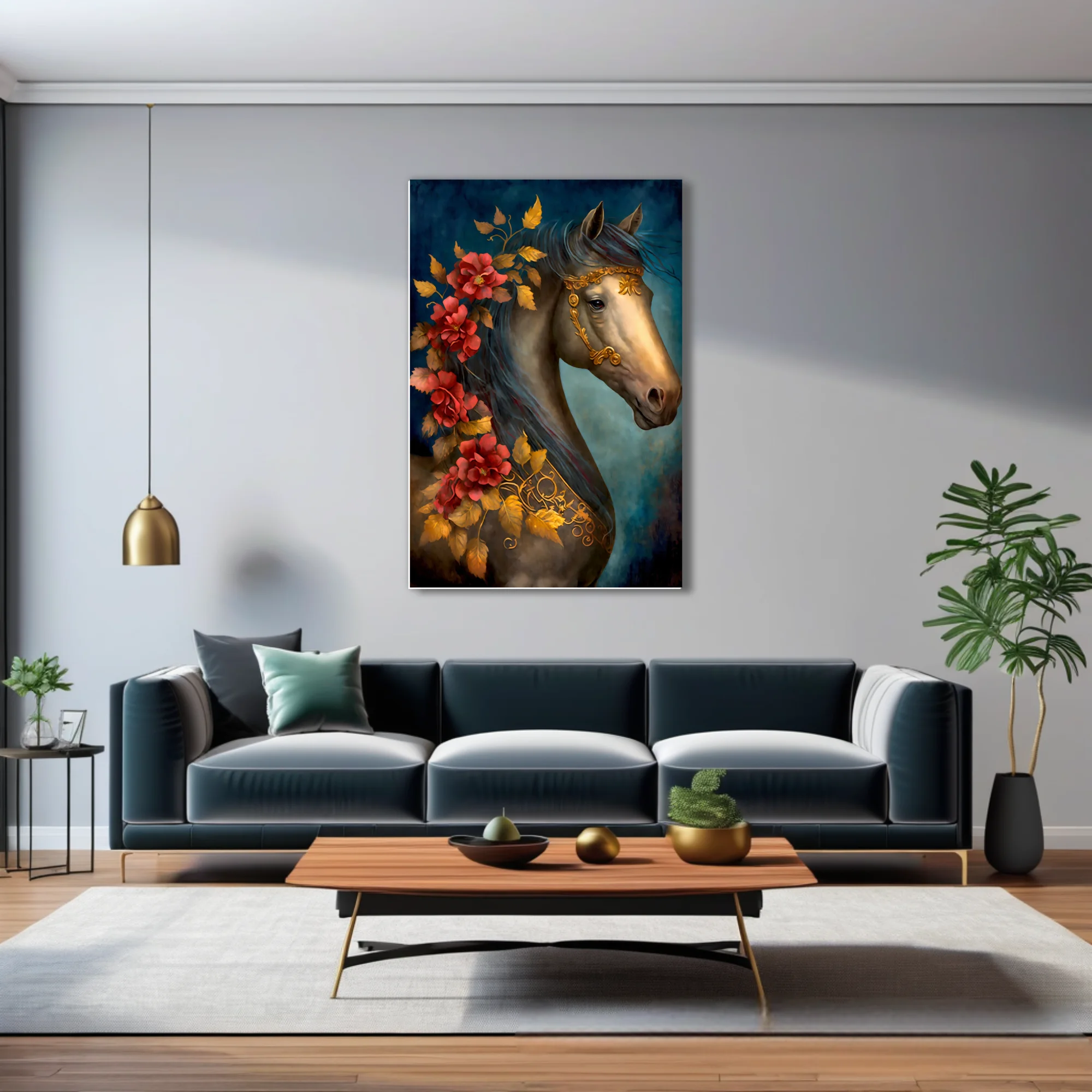 Horse portrait with gold bridle, red florals, and jewel-tone palette