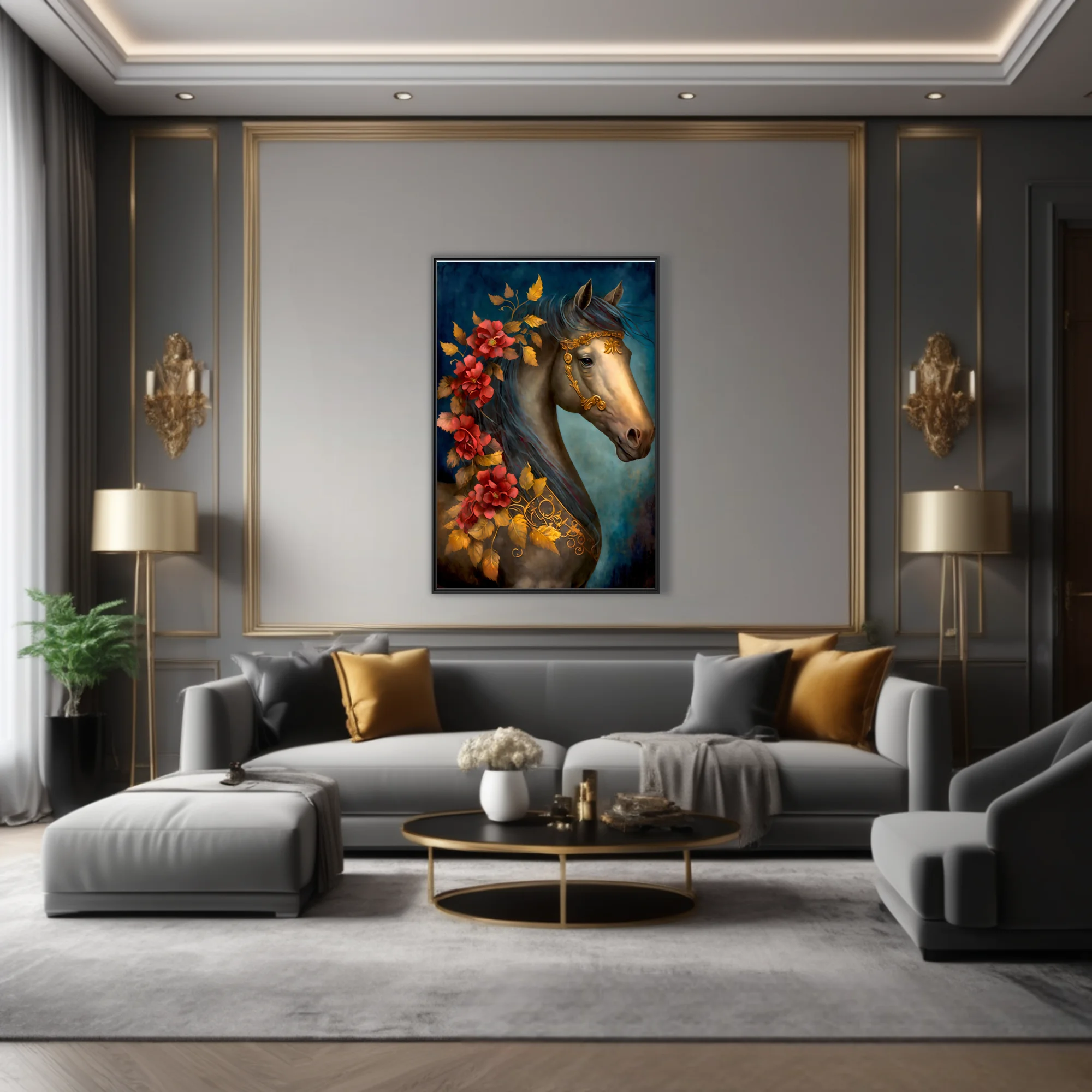Horse portrait with gold bridle, red florals, and jewel-tone palette