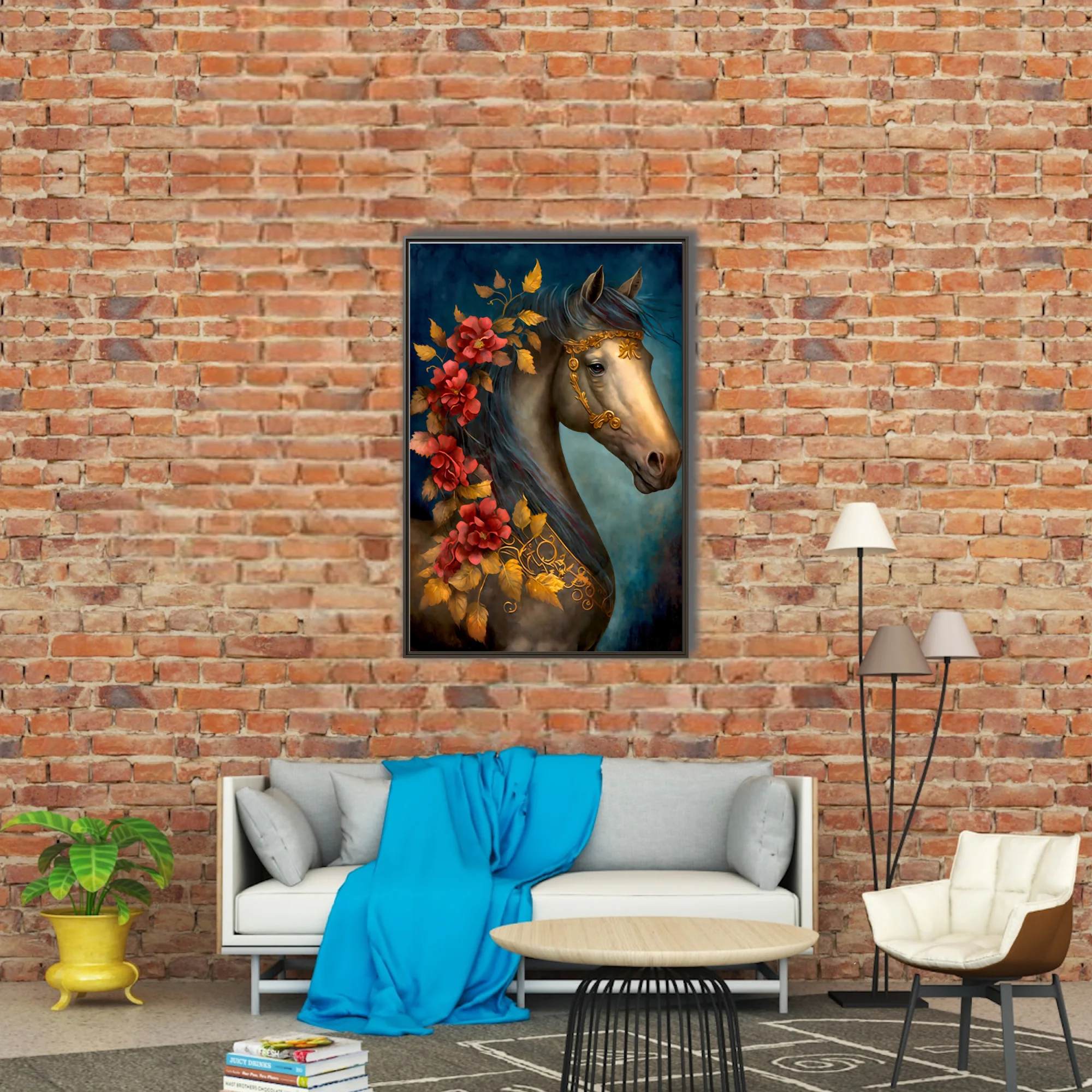 Horse portrait with gold bridle, red florals, and jewel-tone palette