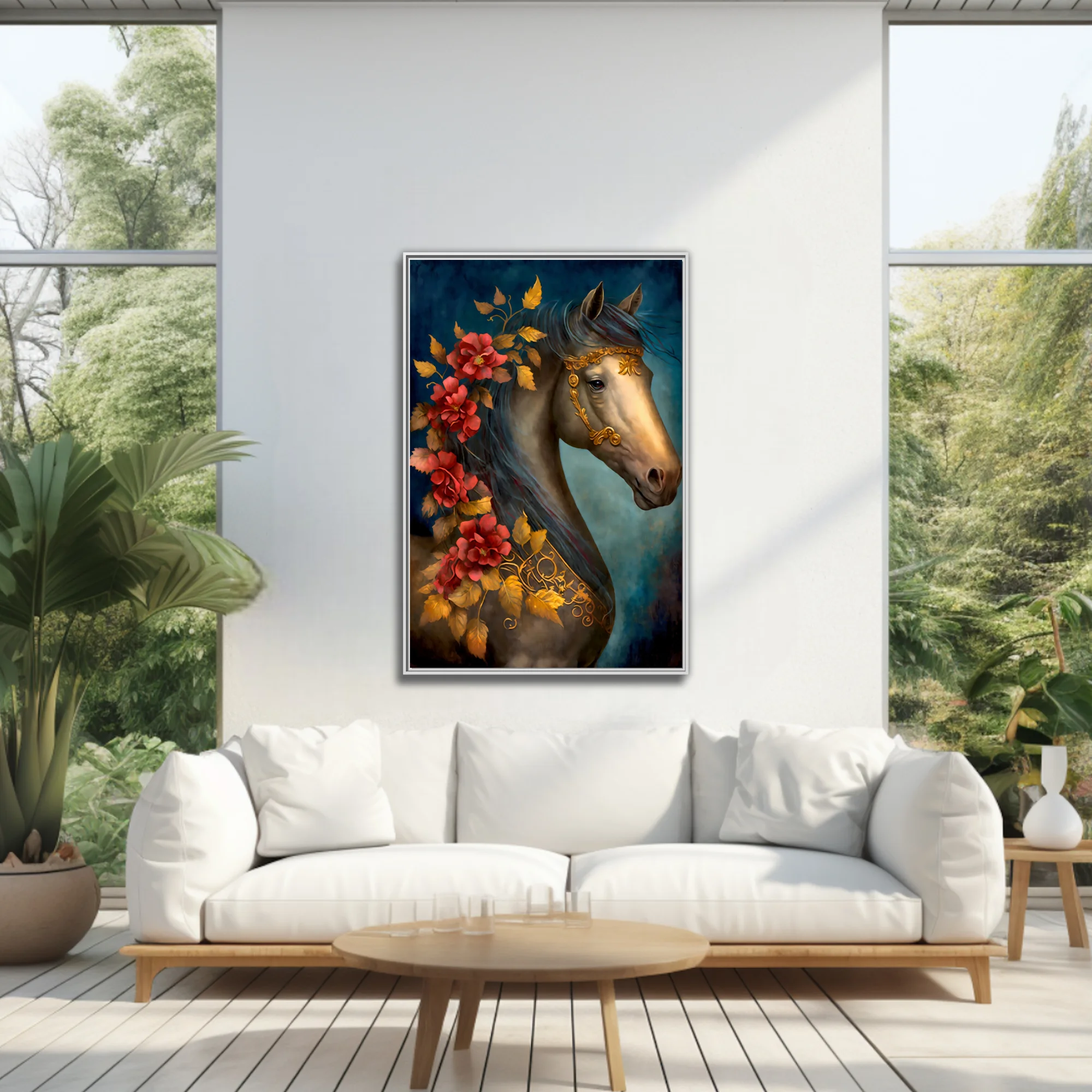 Horse portrait with gold bridle, red florals, and jewel-tone palette