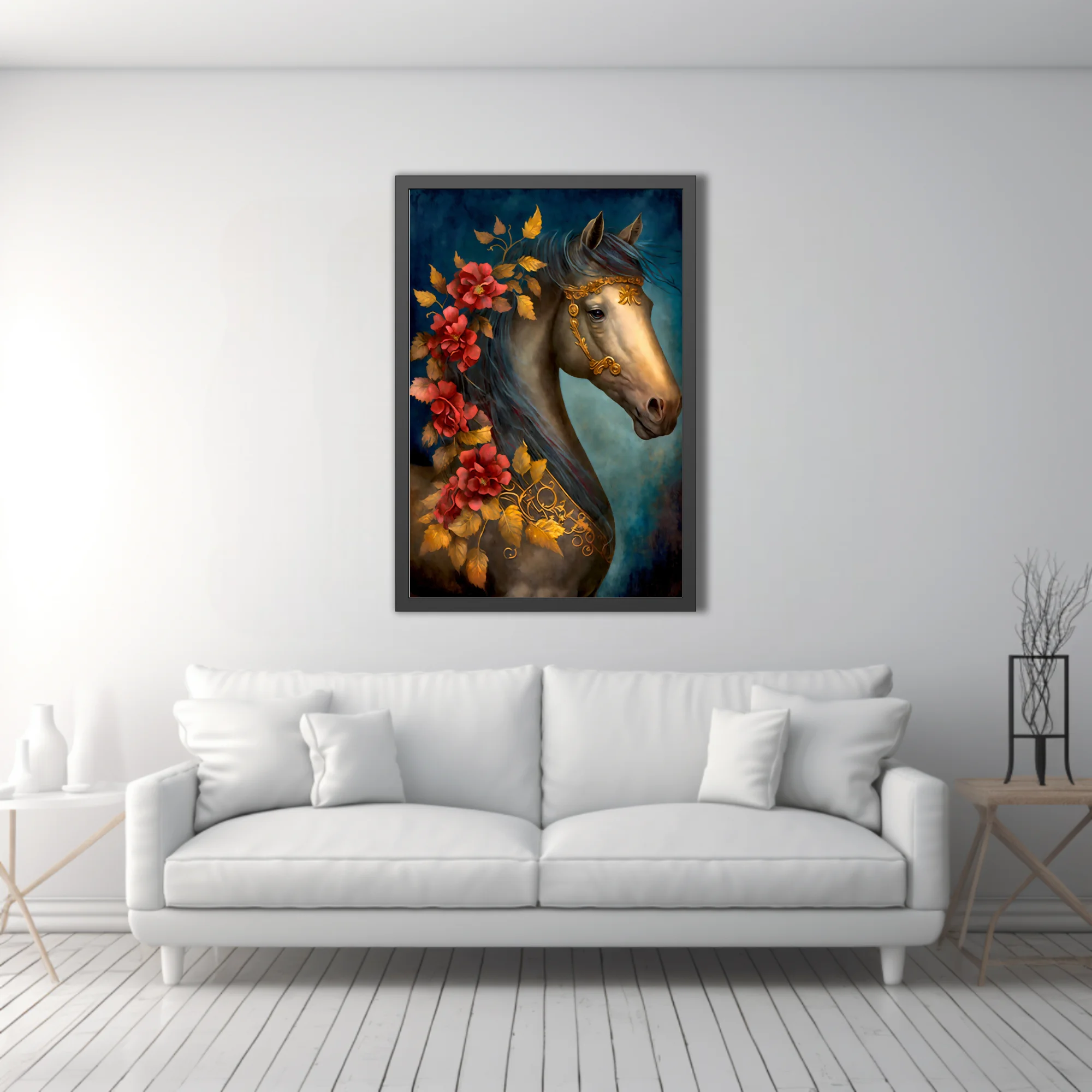 Horse portrait with gold bridle, red florals, and jewel-tone palette
