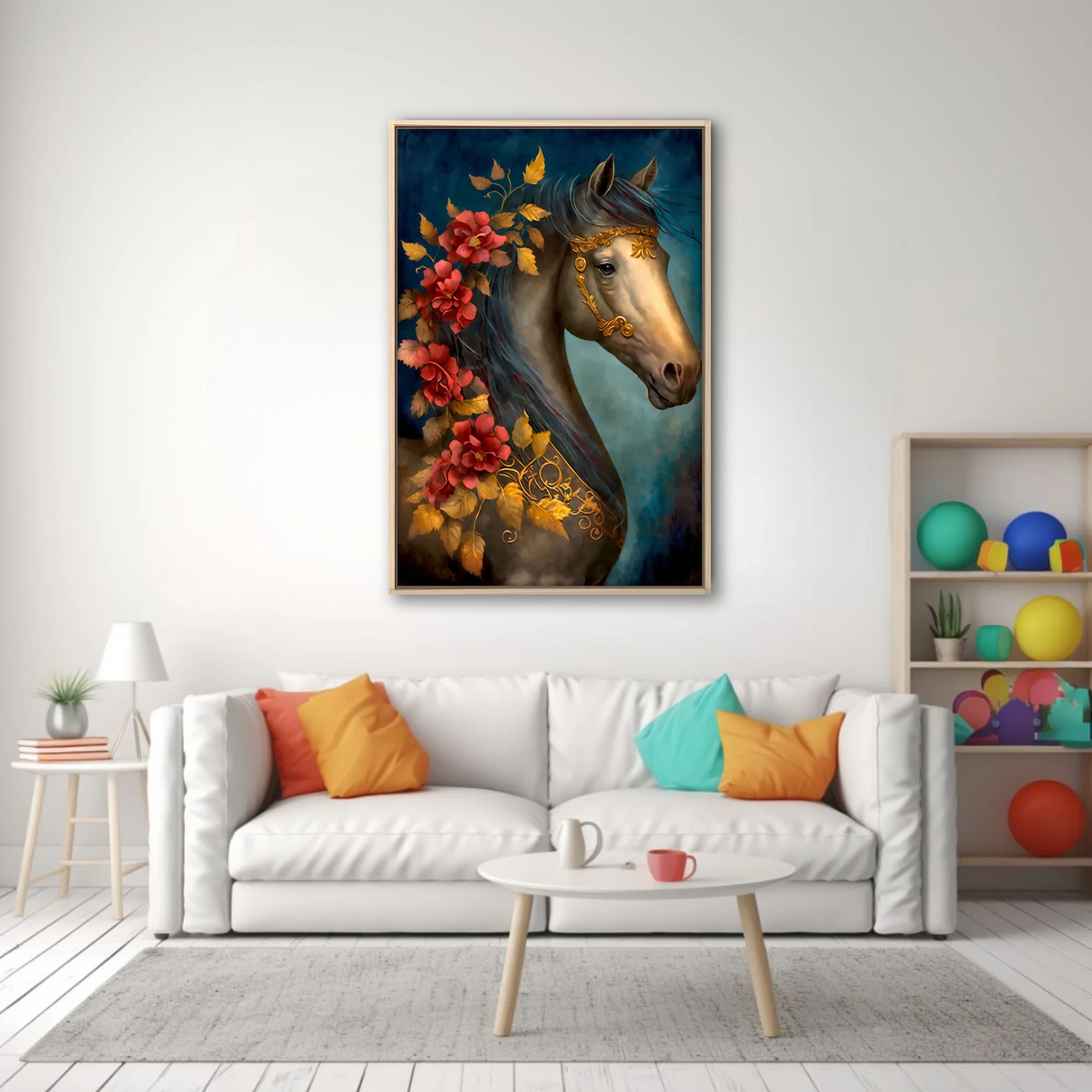 Horse portrait with gold bridle, red florals, and jewel-tone palette