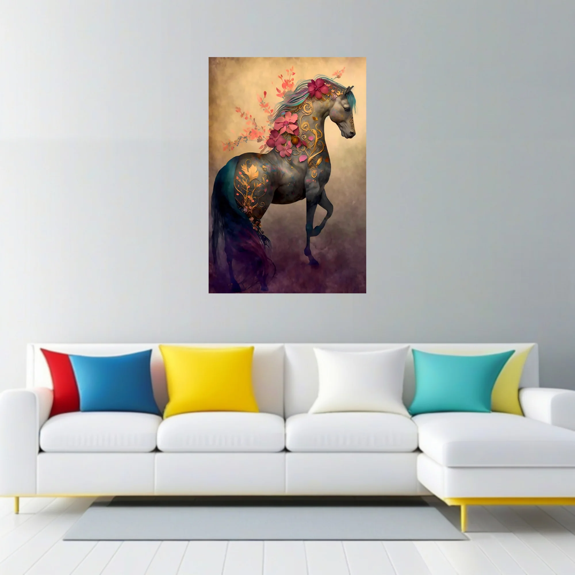 Fantasy horse with gold filigree and floral motifs in teal and coral tones