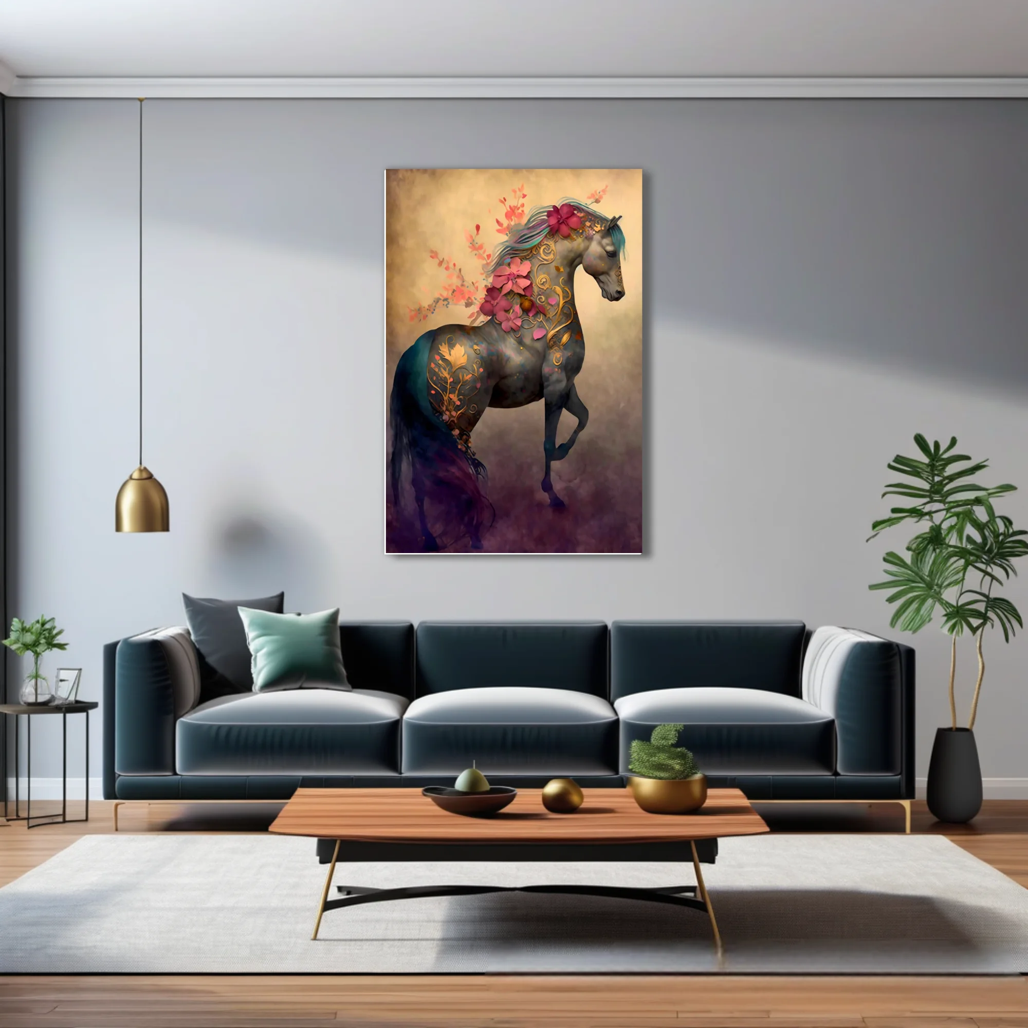 Fantasy horse with gold filigree and floral motifs in teal and coral tones