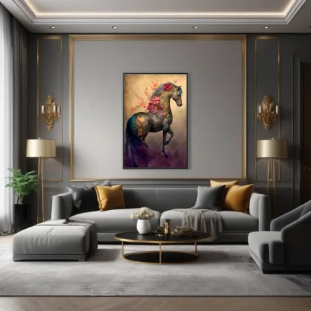 Fantasy horse with gold filigree and floral motifs in teal and coral tones