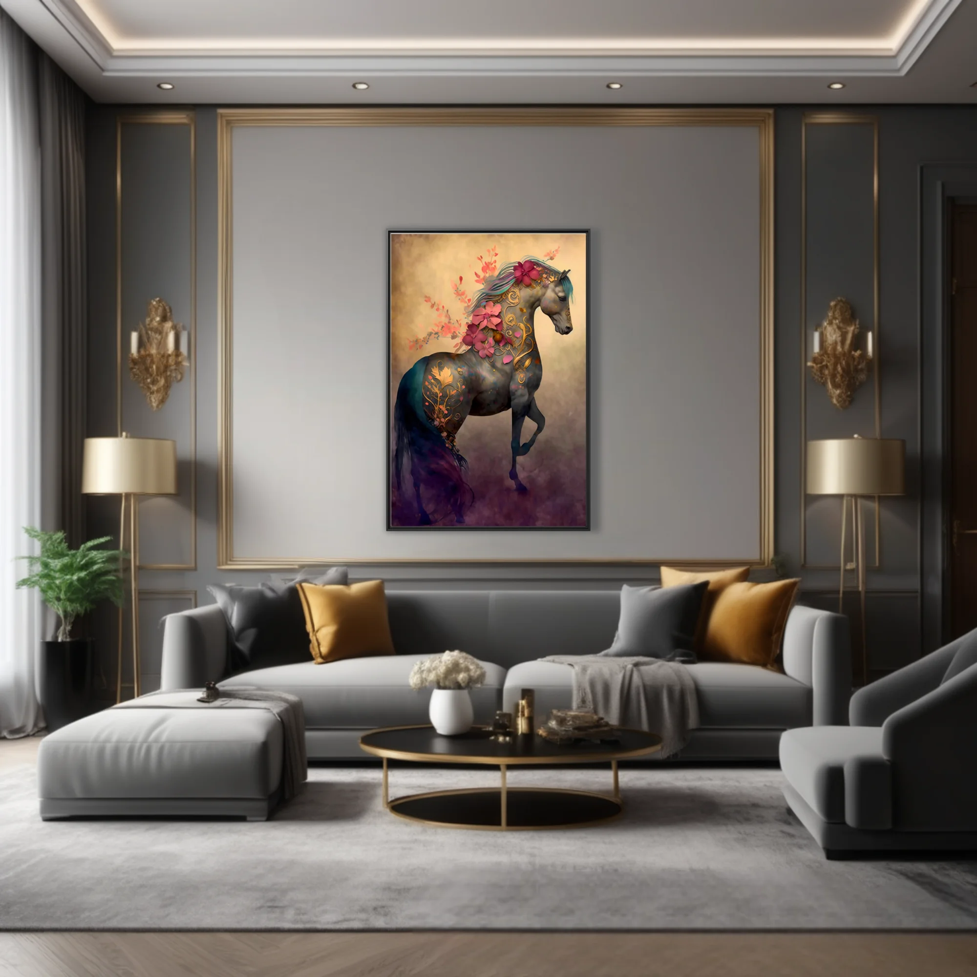 Fantasy horse with gold filigree and floral motifs in teal and coral tones