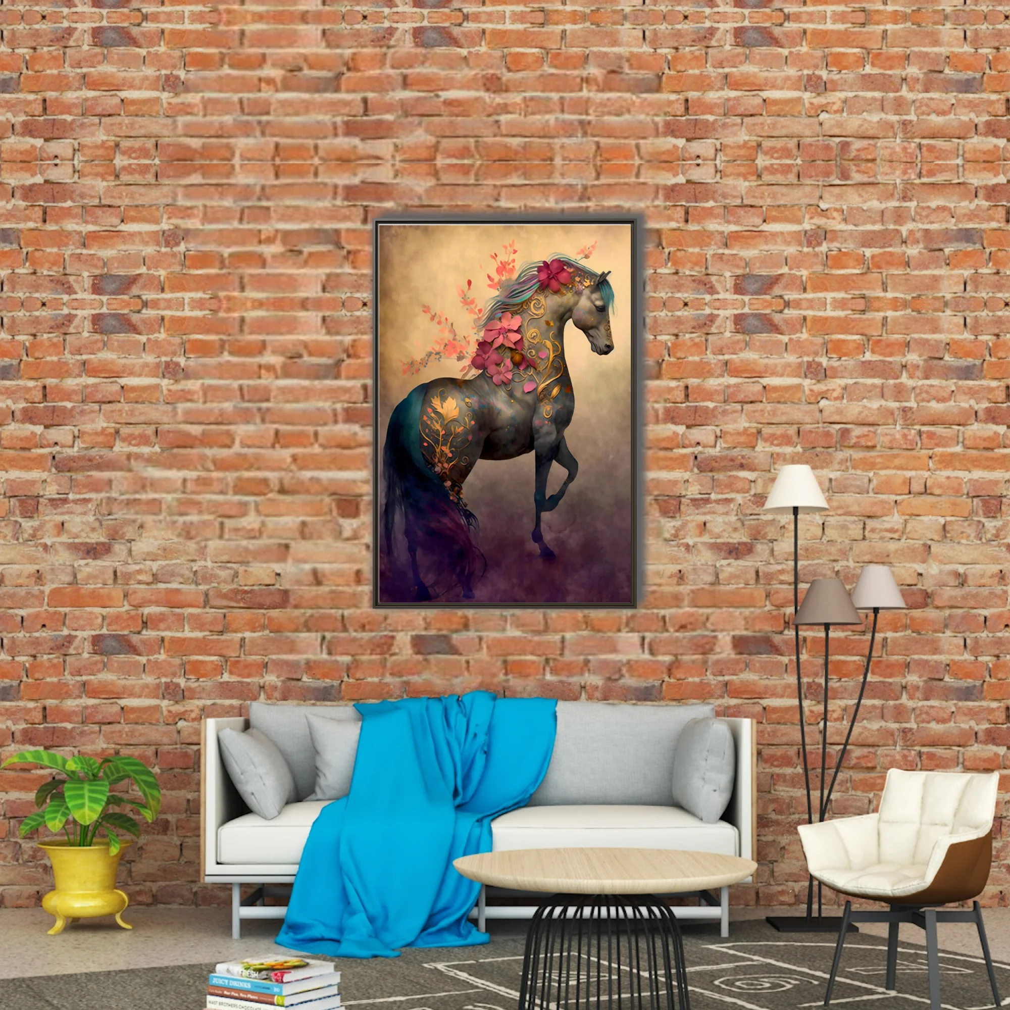 Fantasy horse with gold filigree and floral motifs in teal and coral tones