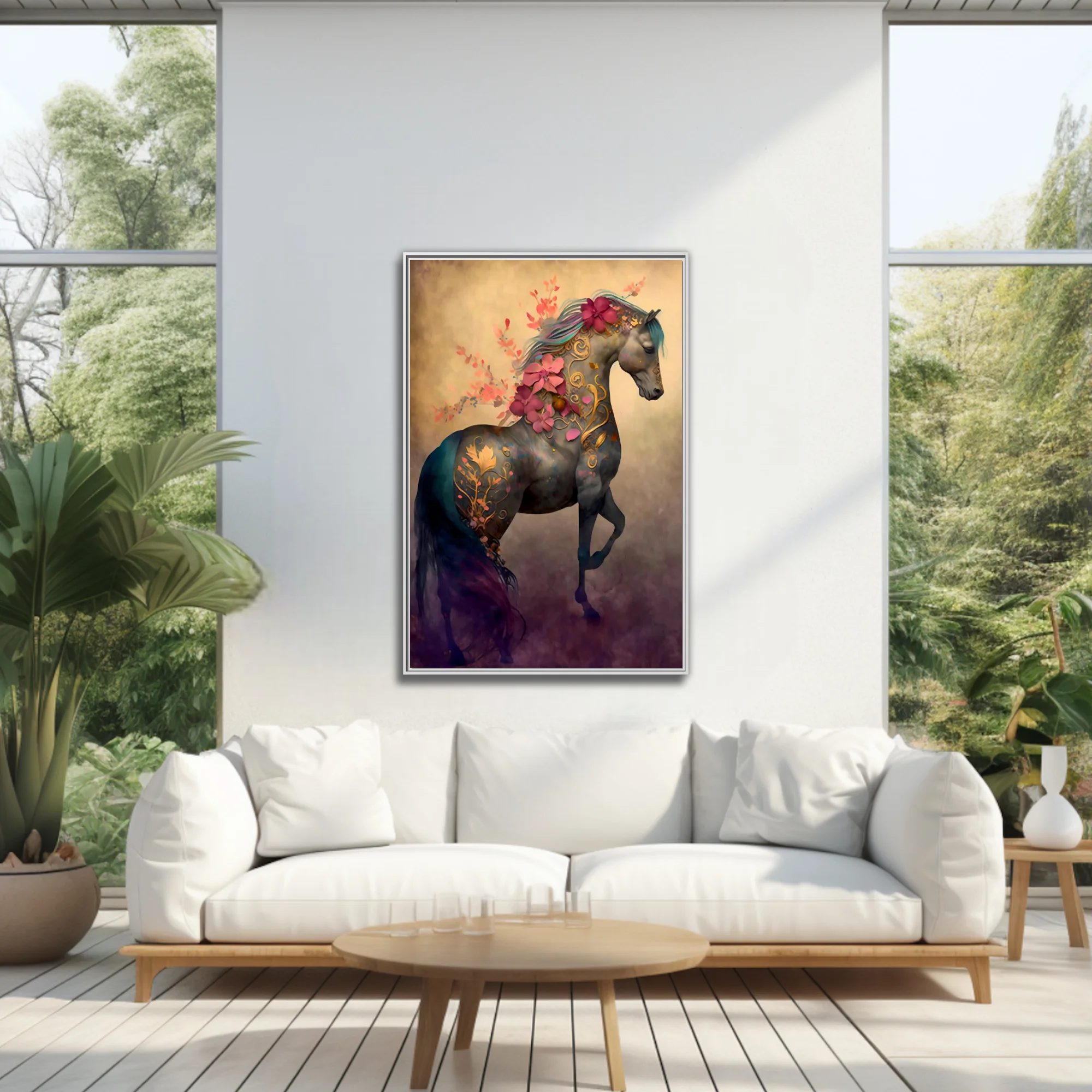 Fantasy horse with gold filigree and floral motifs in teal and coral tones