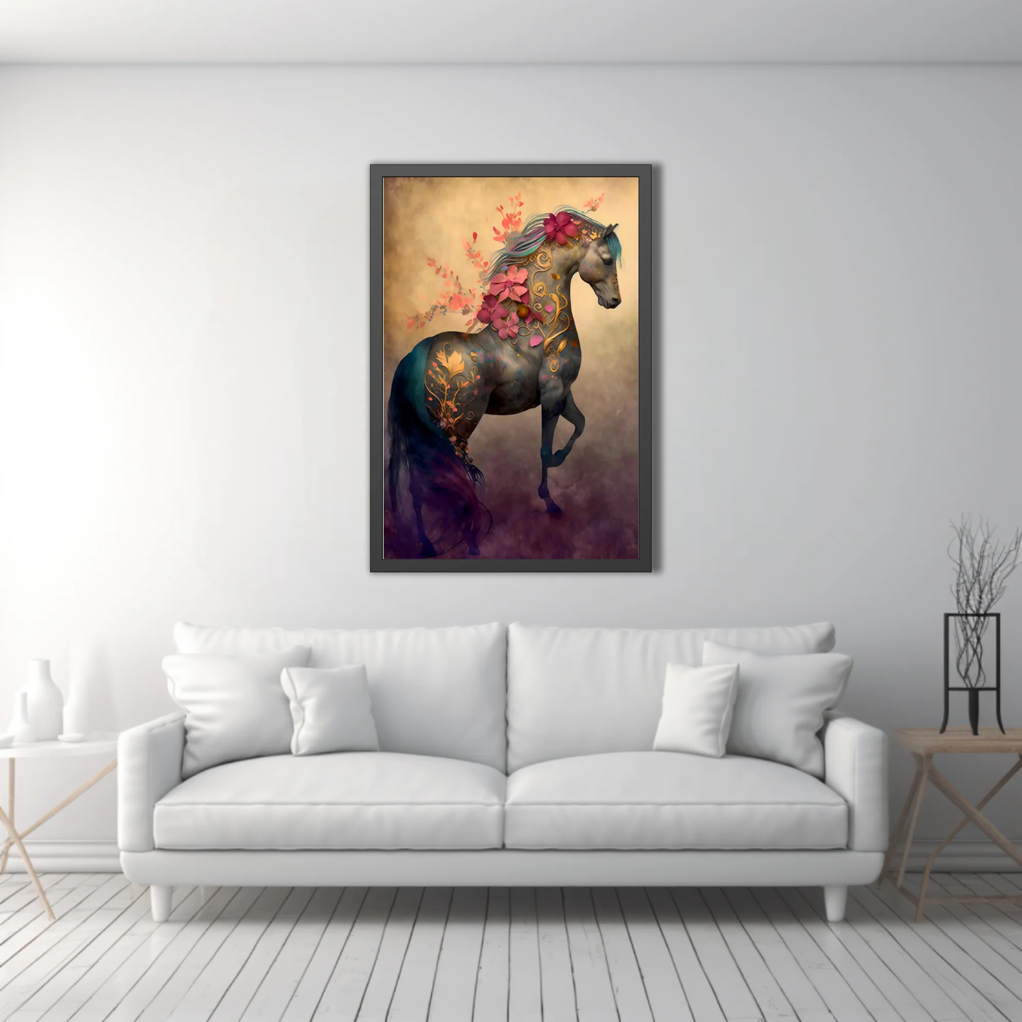 Fantasy horse with gold filigree and floral motifs in teal and coral tones