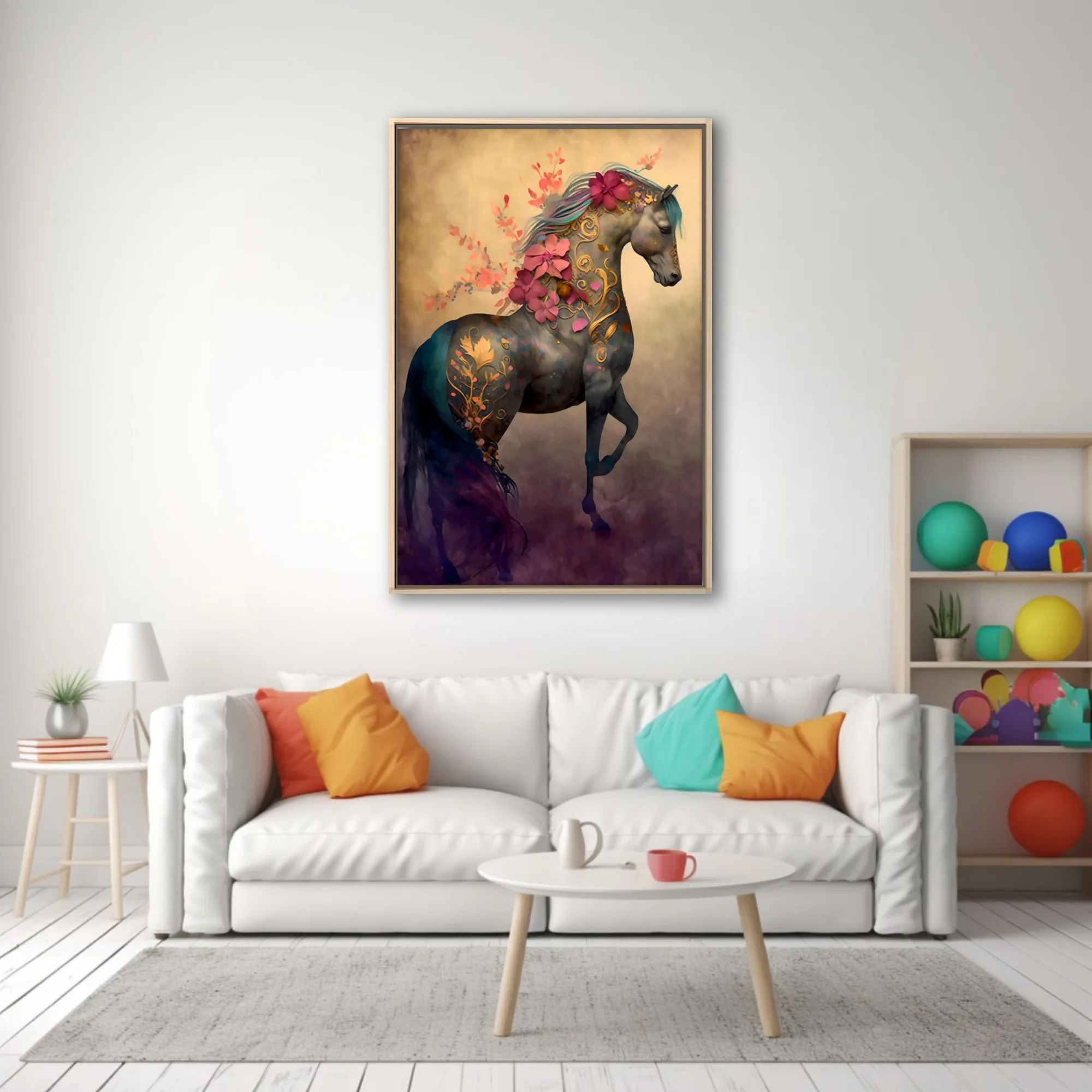 Fantasy horse with gold filigree and floral motifs in teal and coral tones