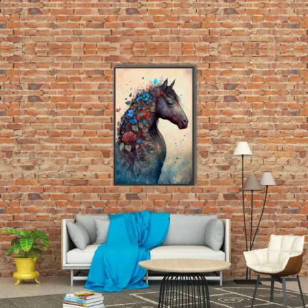 Boho dark horse portrait with cascading red and blue floral mane