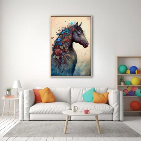 Boho dark horse portrait with cascading red and blue floral mane