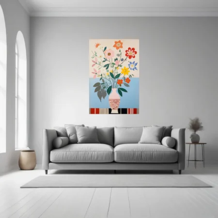 Folk-art abstract floral bouquet in bold colors, graphic flat-style illustration in pink vase