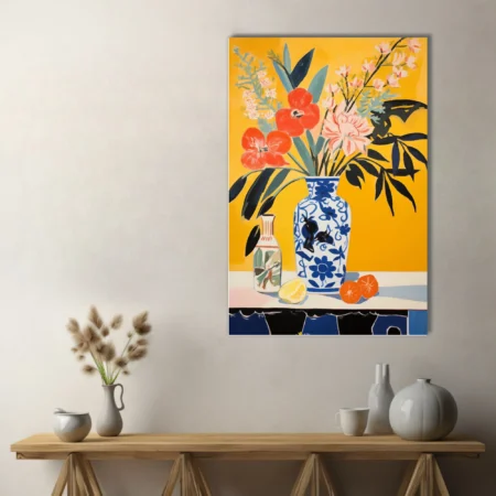 Vivid floral still life with blue-and-white vase, coral blooms, yellow background