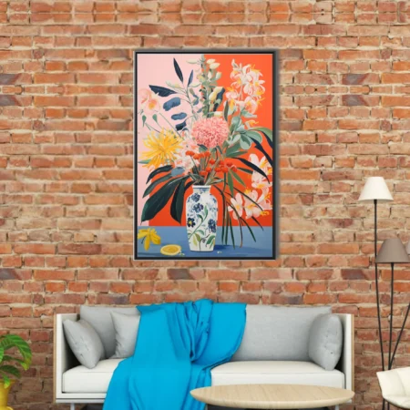 Richly colored floral bouquet in blue-and-white vase, coral and pink backdrop