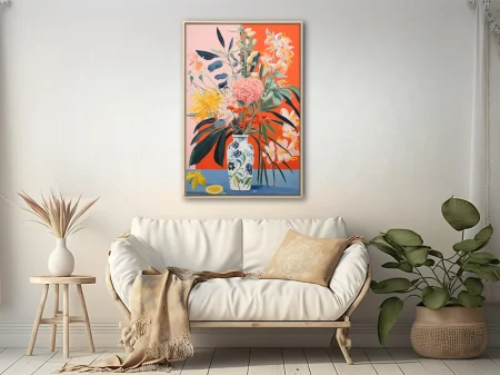Richly colored floral bouquet in blue-and-white vase, coral and pink backdrop