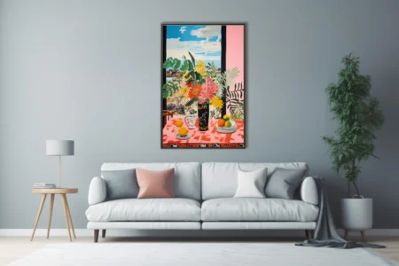 Vivid floral interior with bold blooms, citrus, and coastal beach view beyond window