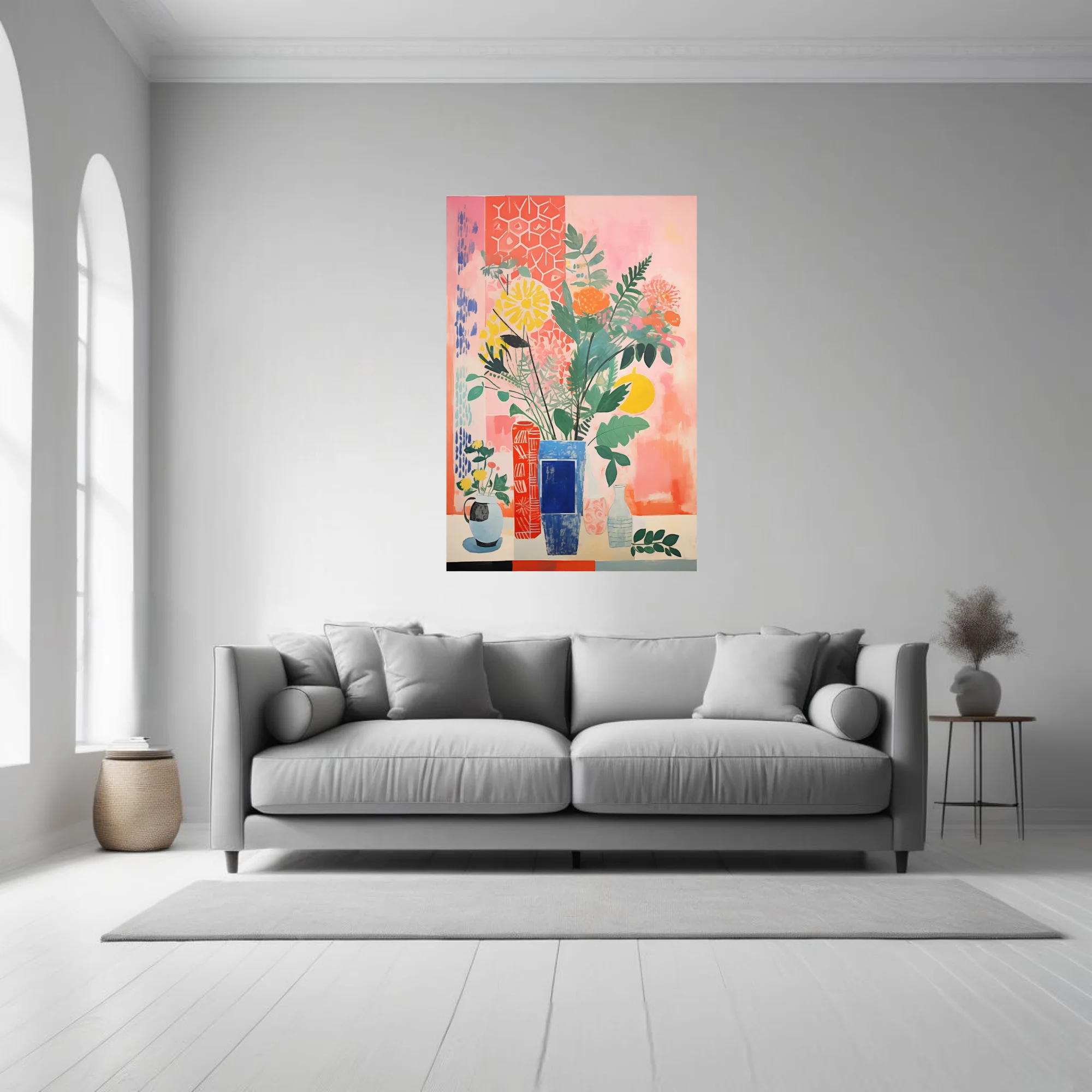 Bold flat decorative abstract botanical still life with vases, coral pink and cobalt palette