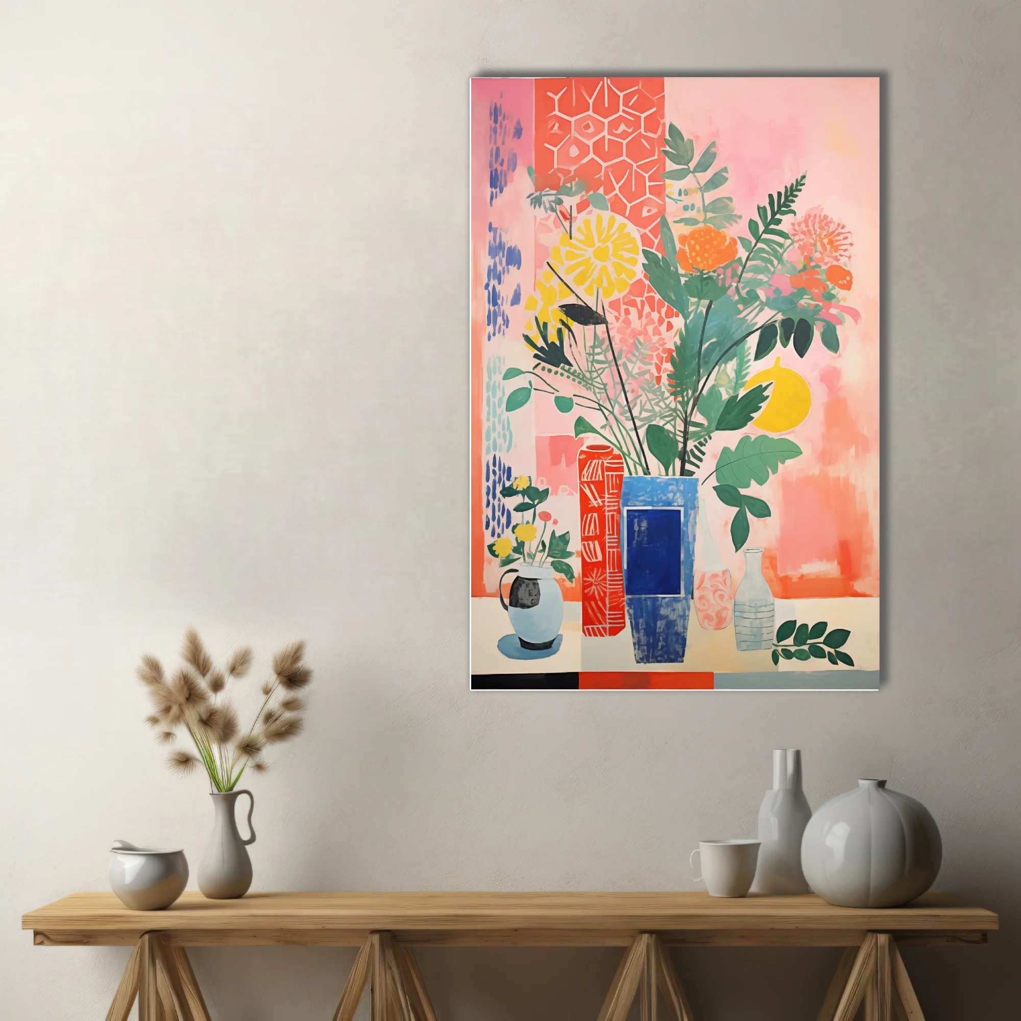 Bold flat decorative abstract botanical still life with vases, coral pink and cobalt palette