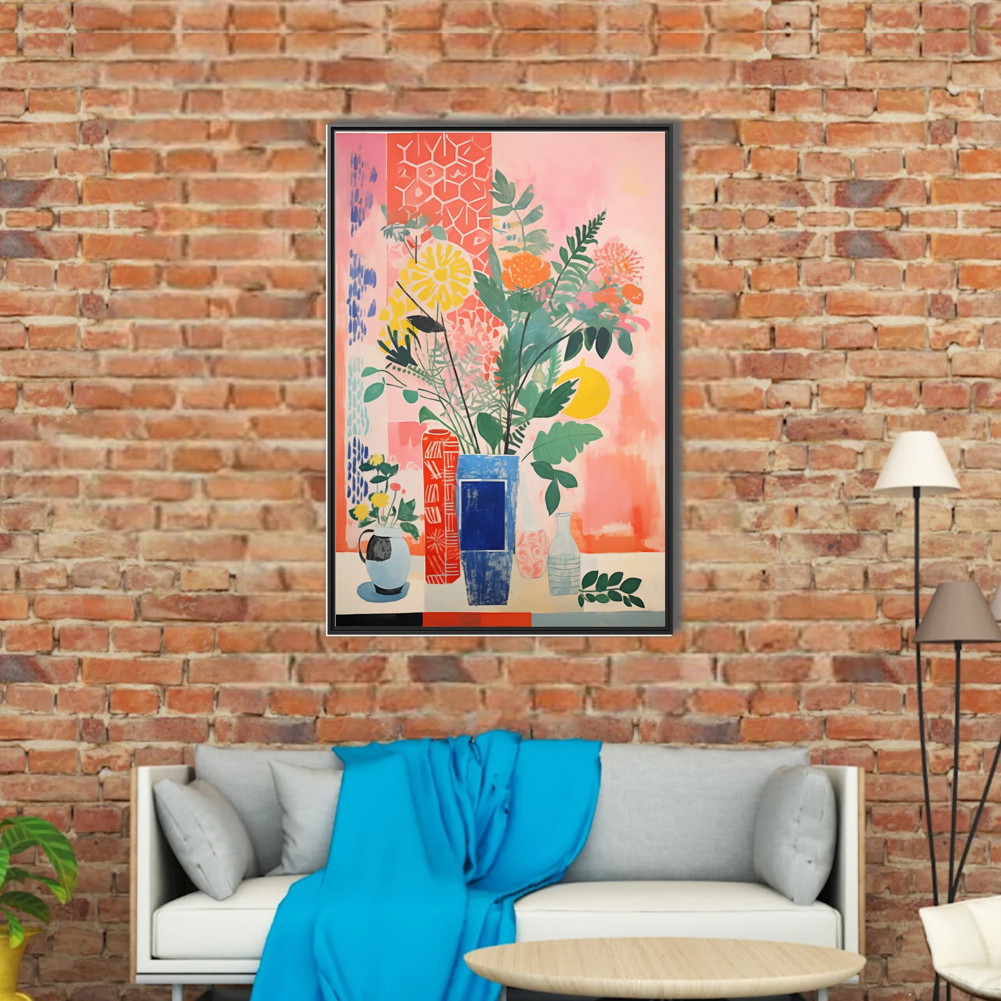 Bold flat decorative abstract botanical still life with vases, coral pink and cobalt palette
