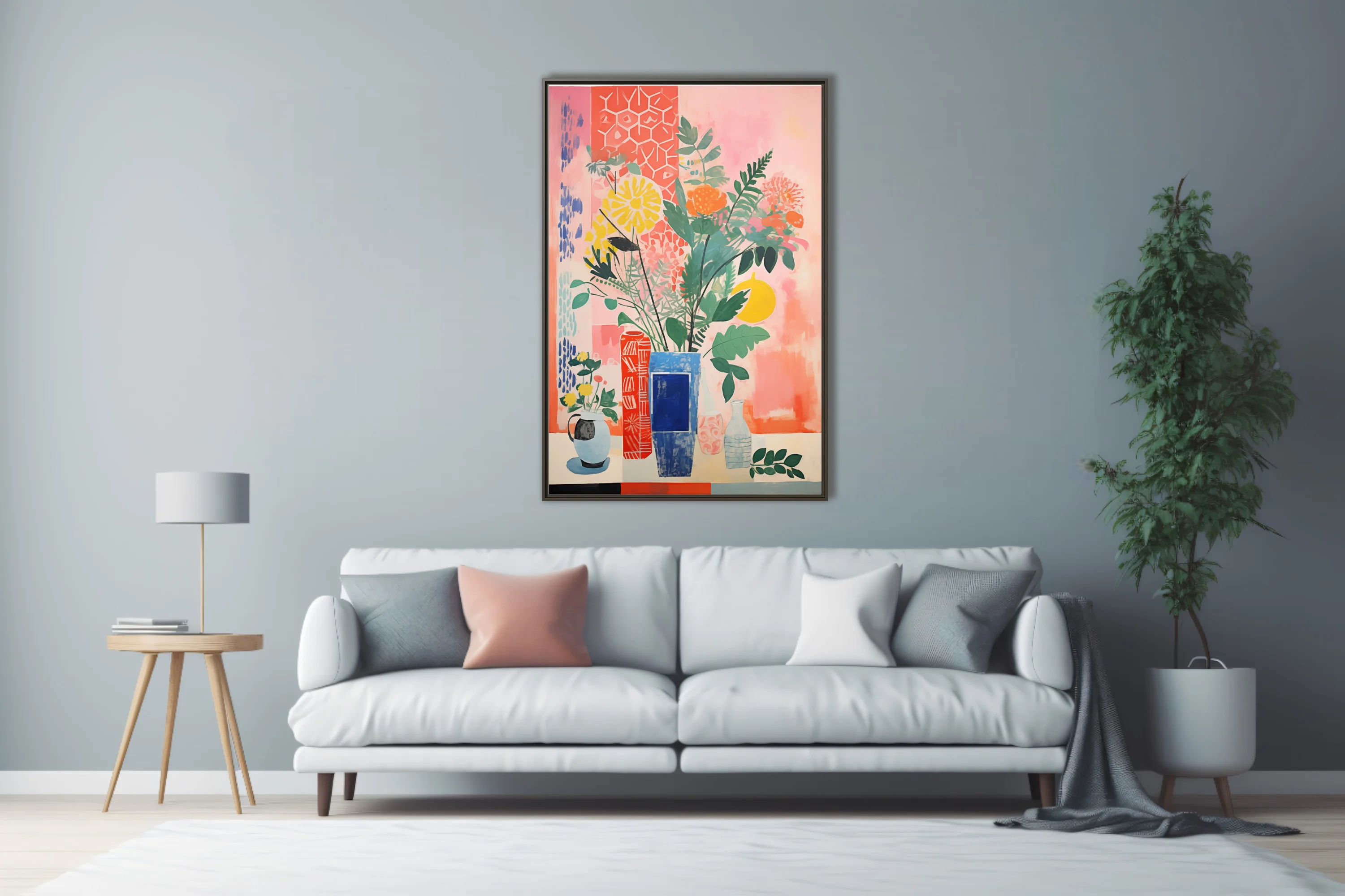 Bold flat decorative abstract botanical still life with vases, coral pink and cobalt palette