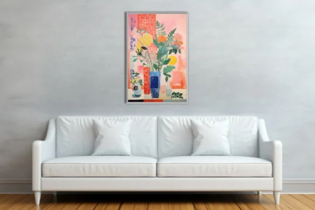 Bold flat decorative abstract botanical still life with vases, coral pink and cobalt palette