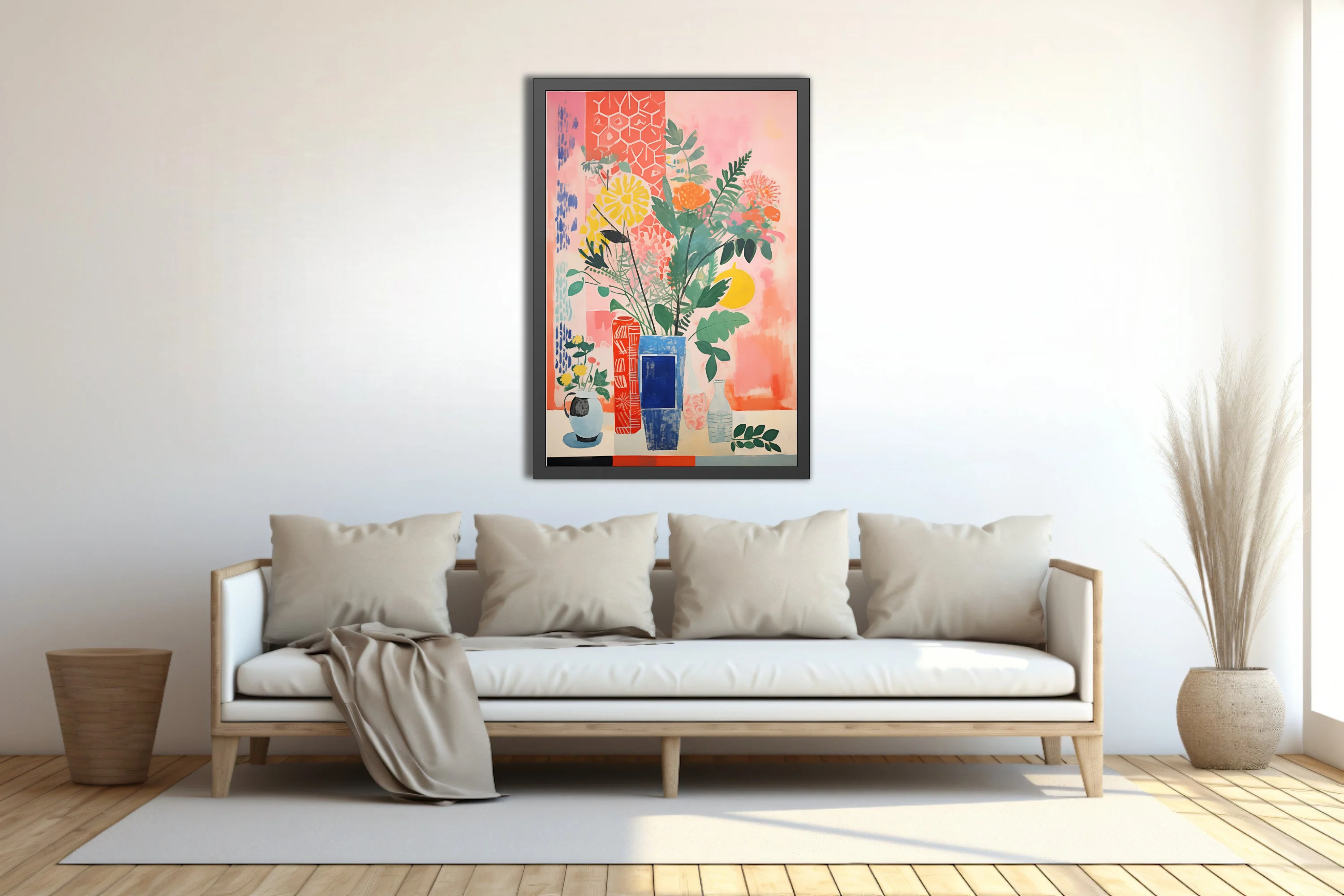 Bold flat decorative abstract botanical still life with vases, coral pink and cobalt palette