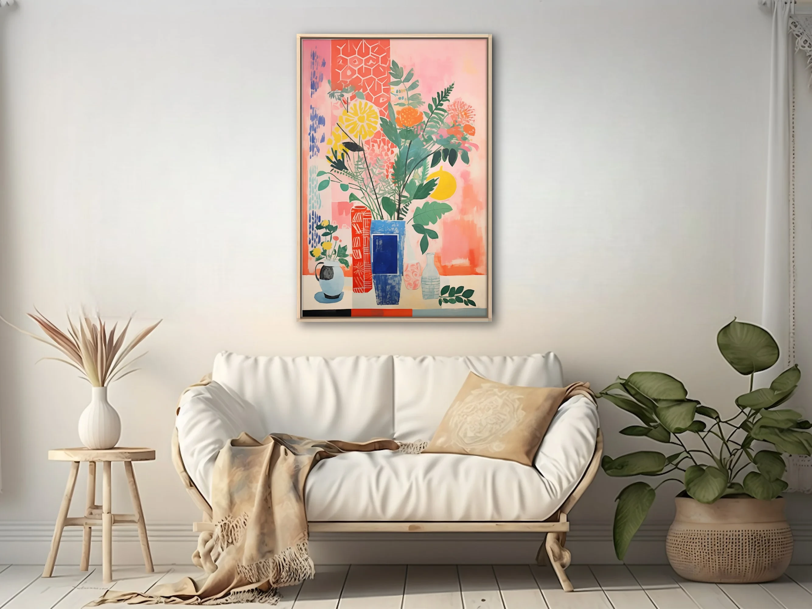 Bold flat decorative abstract botanical still life with vases, coral pink and cobalt palette
