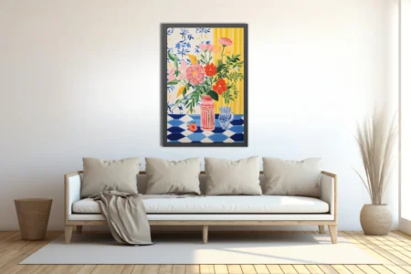 Bold folk-style floral still life with patterned vase, primary palette, maximalist decor