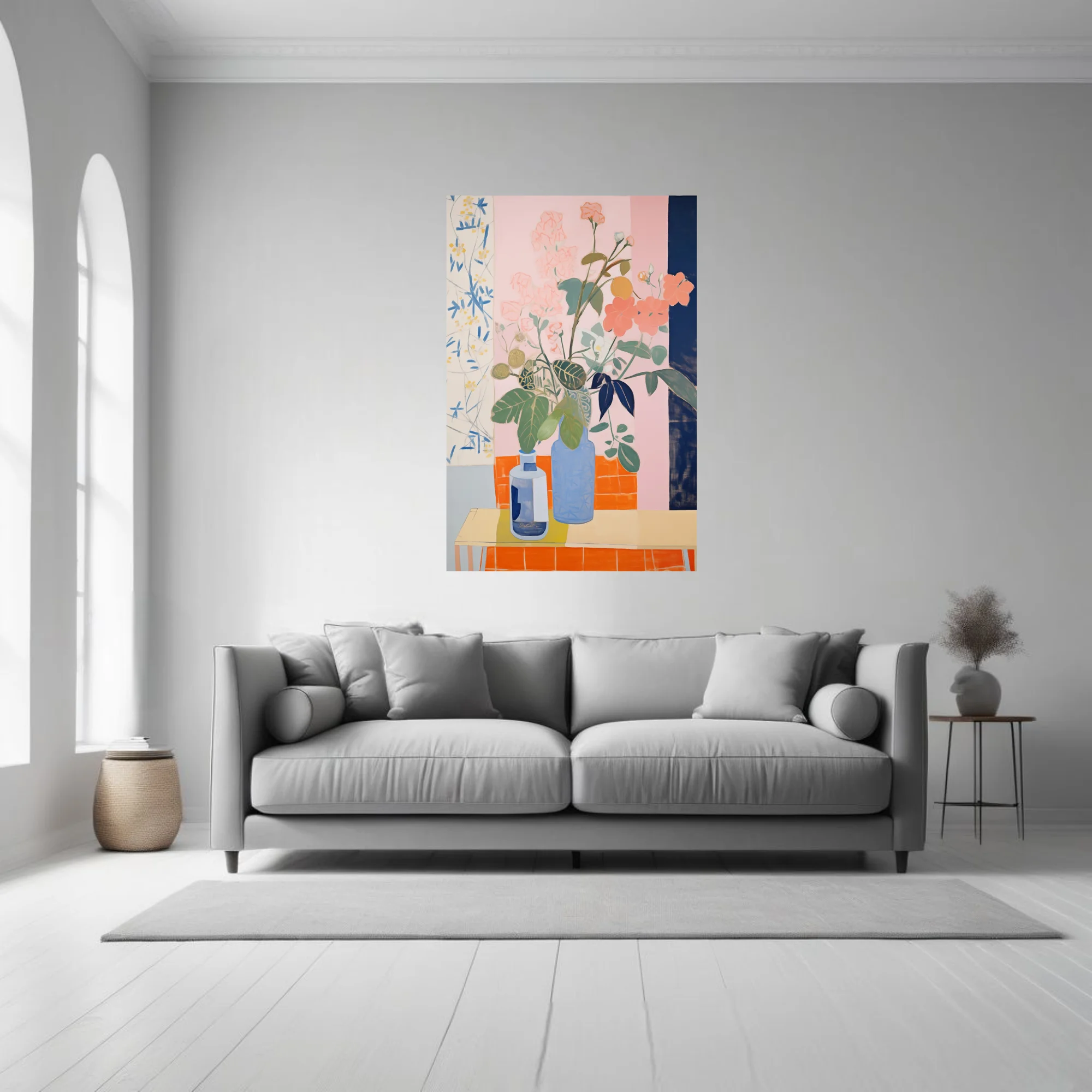 Abstract flat-style floral still life, coral blooms in blue vases, pastel and terracotta palette