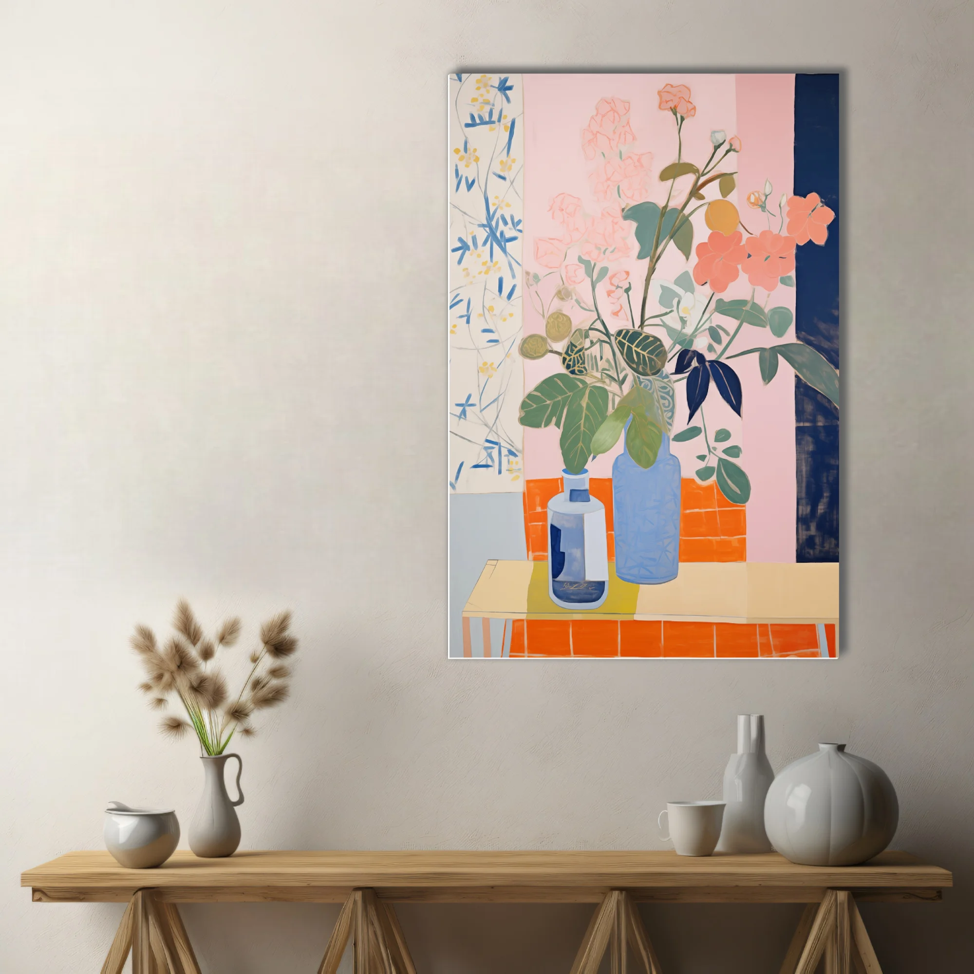 Abstract flat-style floral still life, coral blooms in blue vases, pastel and terracotta palette
