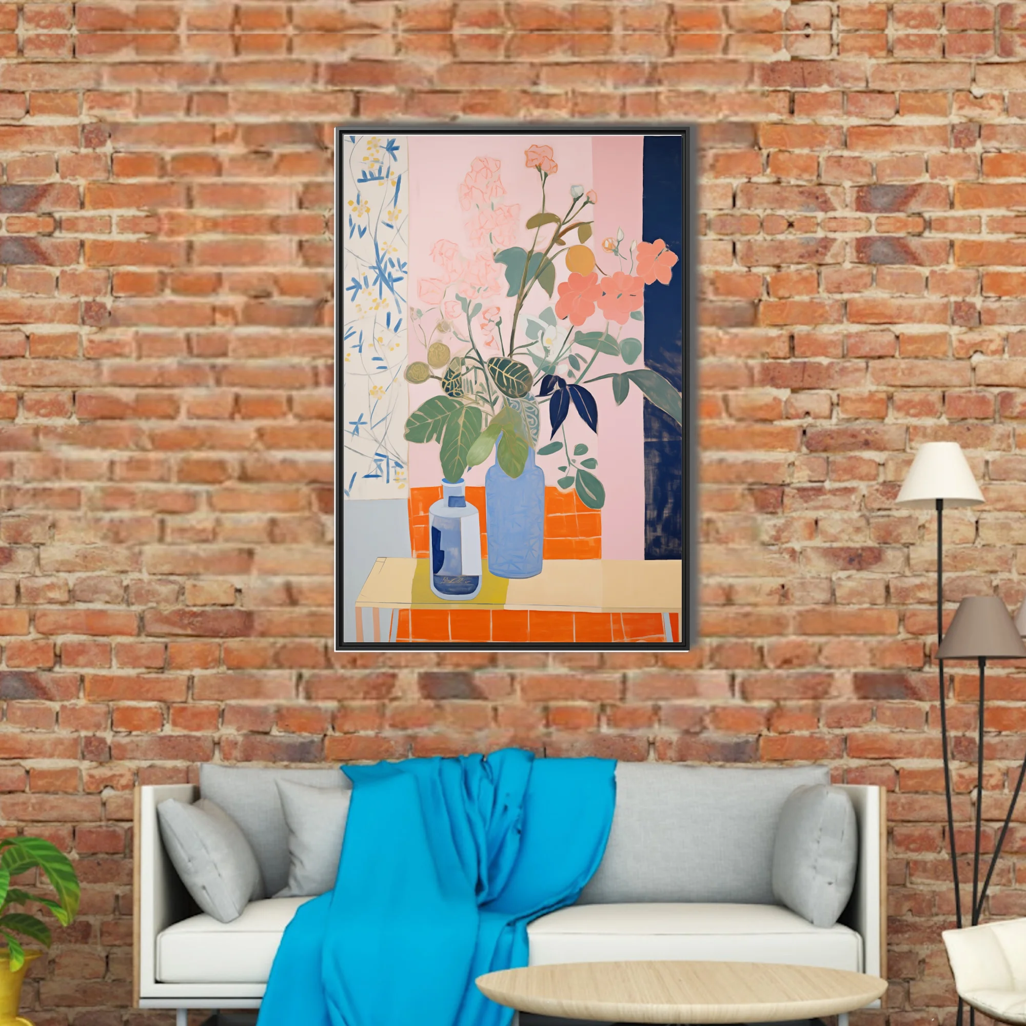 Abstract flat-style floral still life, coral blooms in blue vases, pastel and terracotta palette