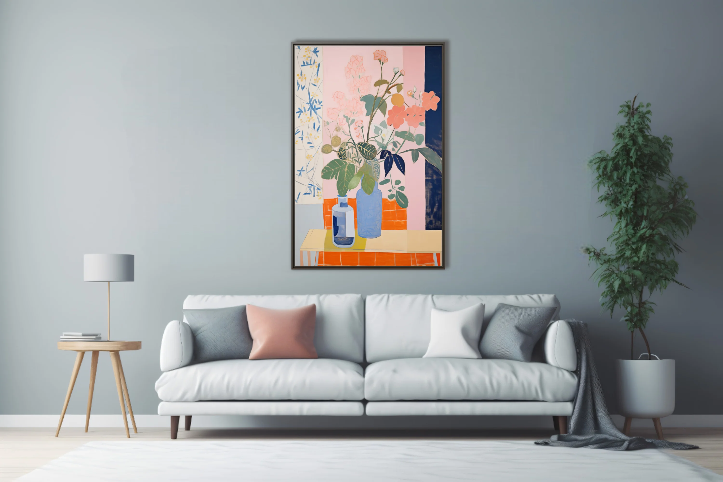 Abstract flat-style floral still life, coral blooms in blue vases, pastel and terracotta palette