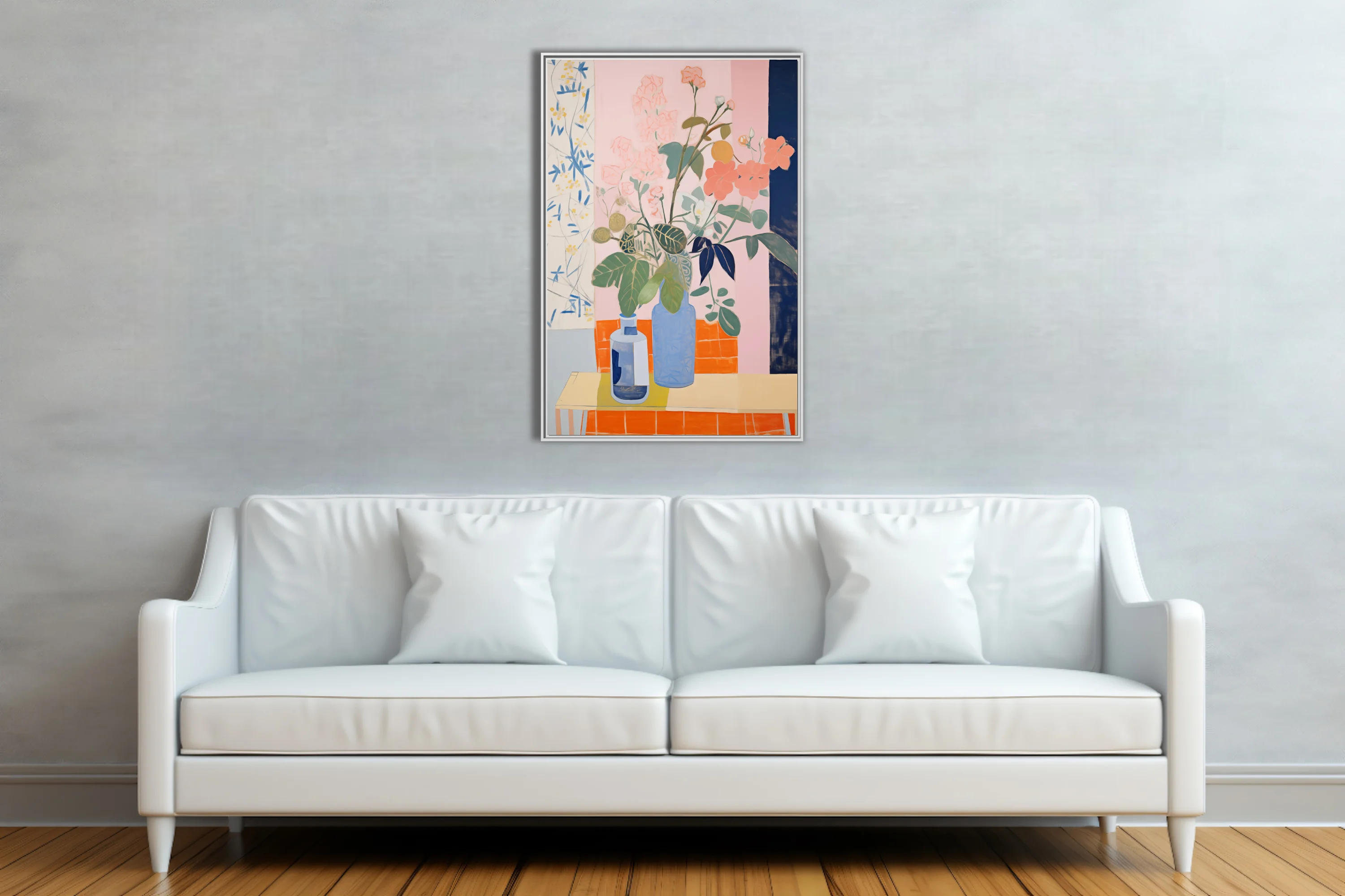 Abstract flat-style floral still life, coral blooms in blue vases, pastel and terracotta palette