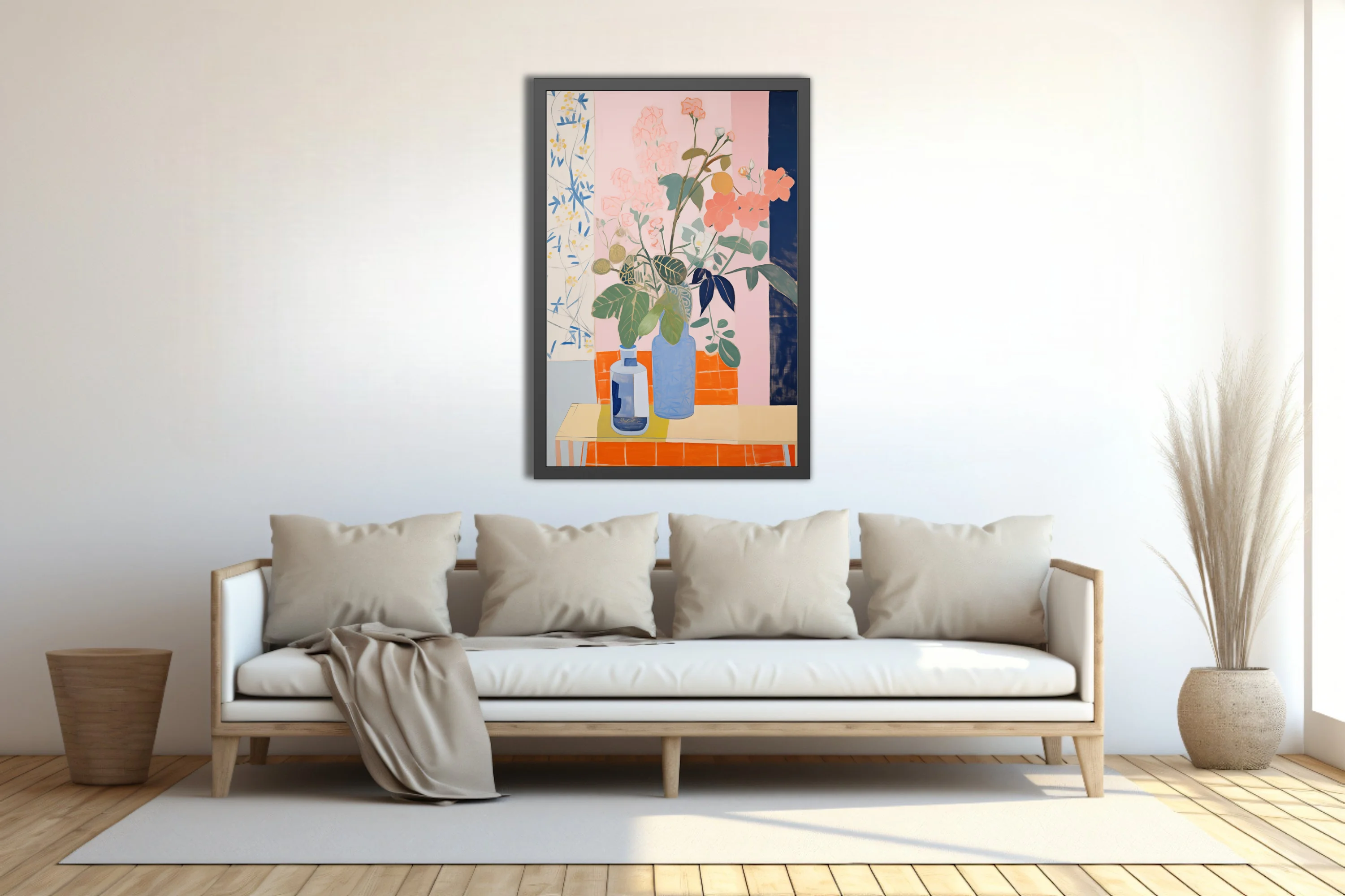 Abstract flat-style floral still life, coral blooms in blue vases, pastel and terracotta palette