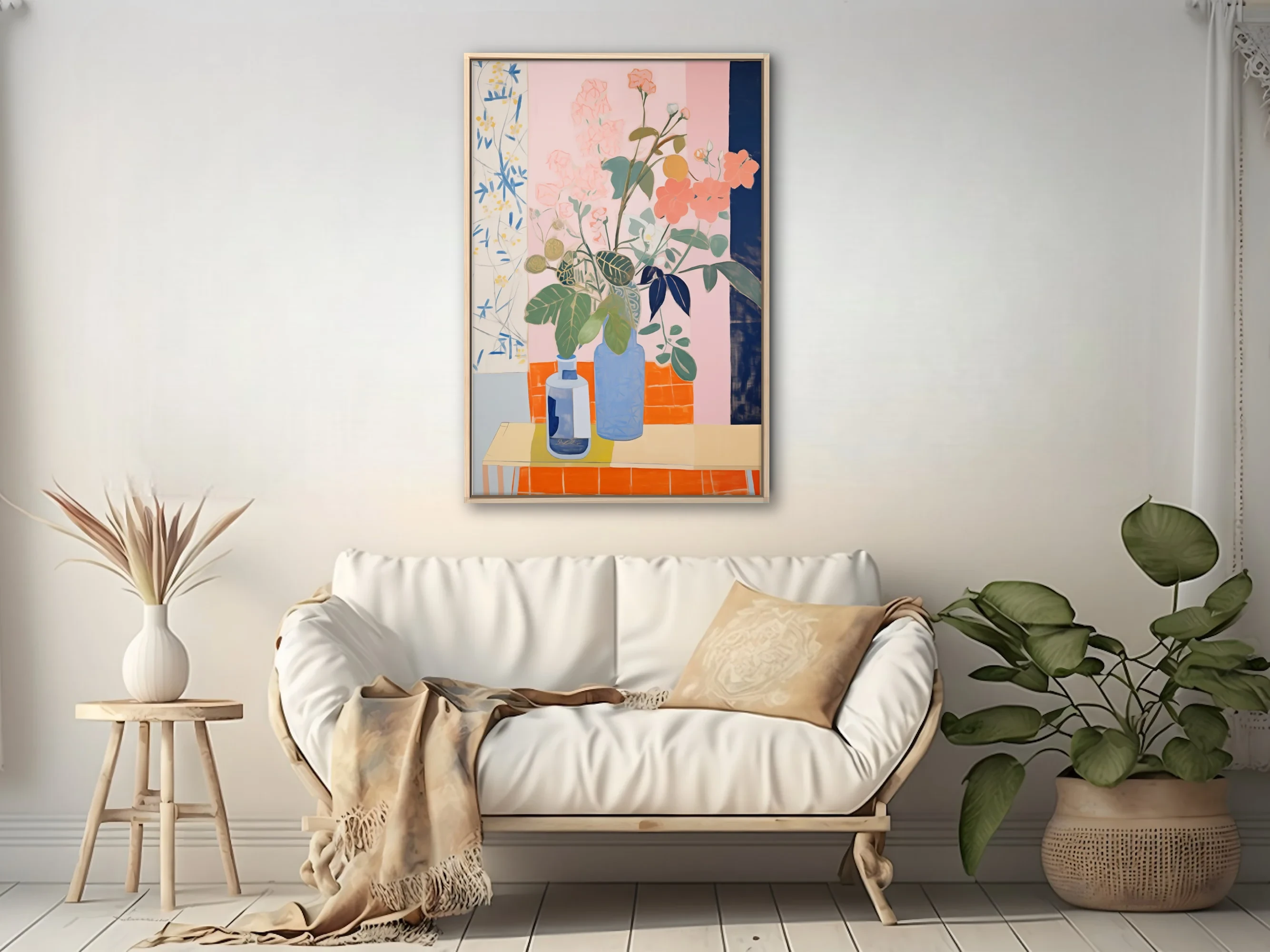 Abstract flat-style floral still life, coral blooms in blue vases, pastel and terracotta palette