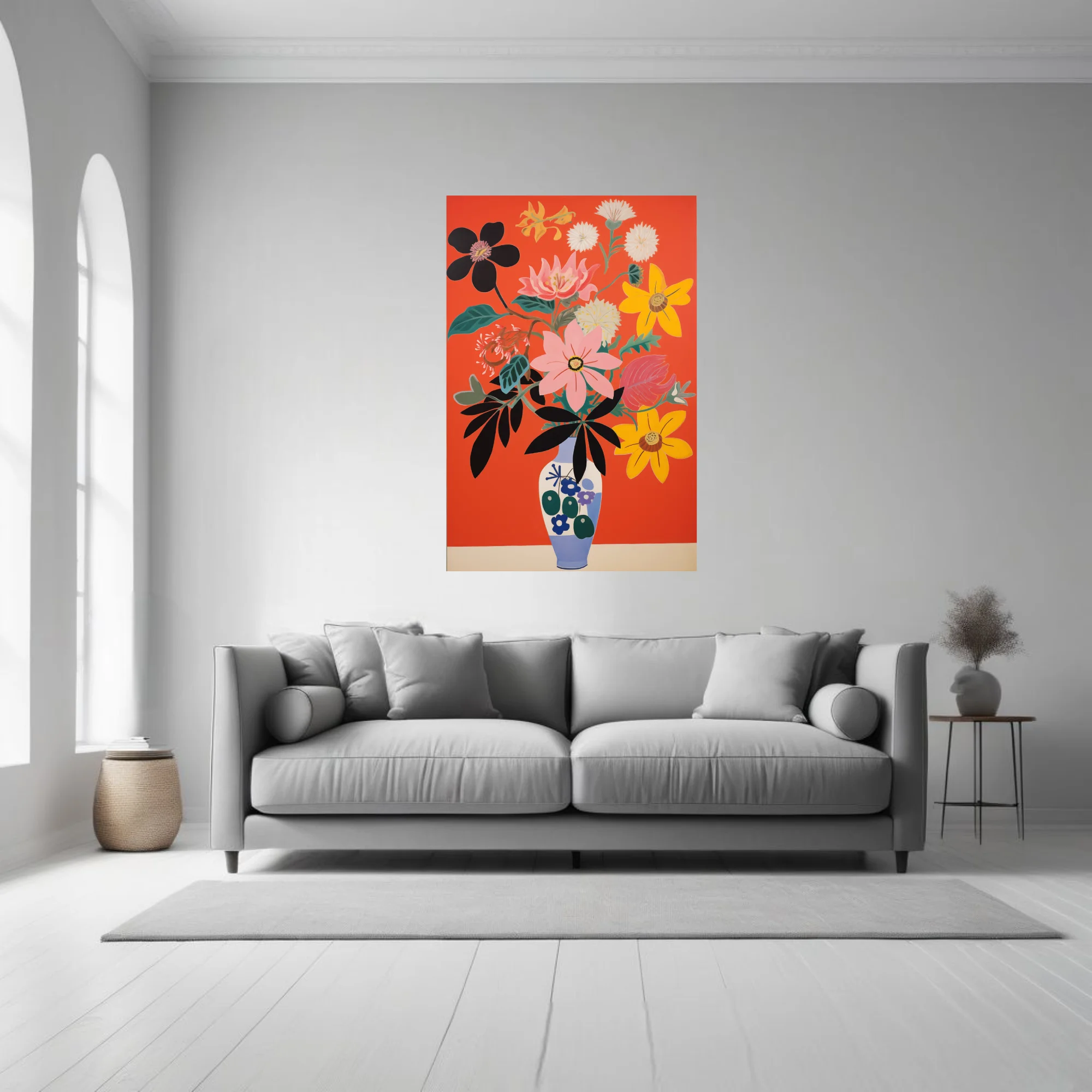 Bold abstract floral bouquet in decorated vase, red background, bold graphic style