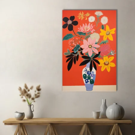 Bold abstract floral bouquet in decorated vase, red background, bold graphic style