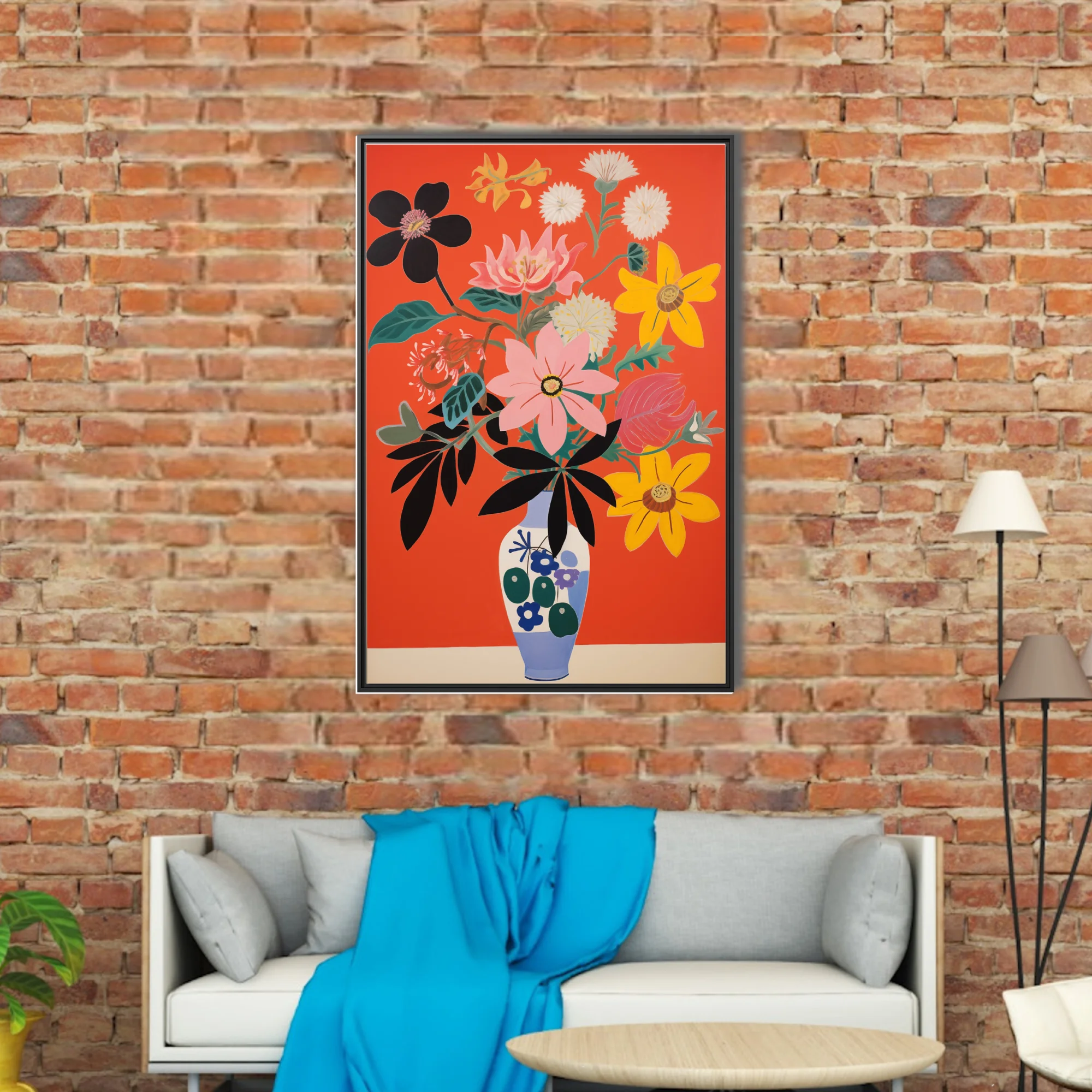 Bold abstract floral bouquet in decorated vase, red background, bold graphic style