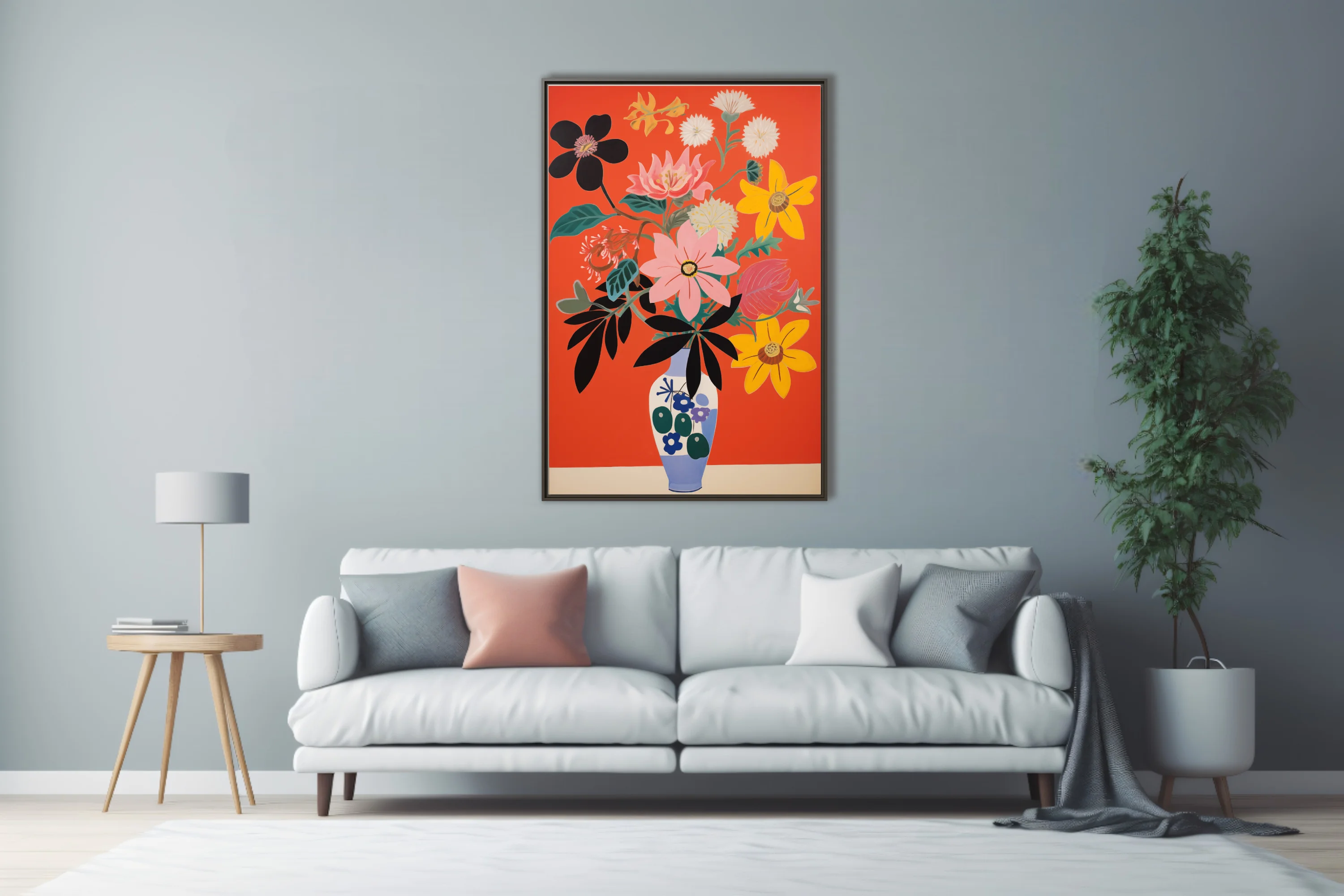 Bold abstract floral bouquet in decorated vase, red background, bold graphic style