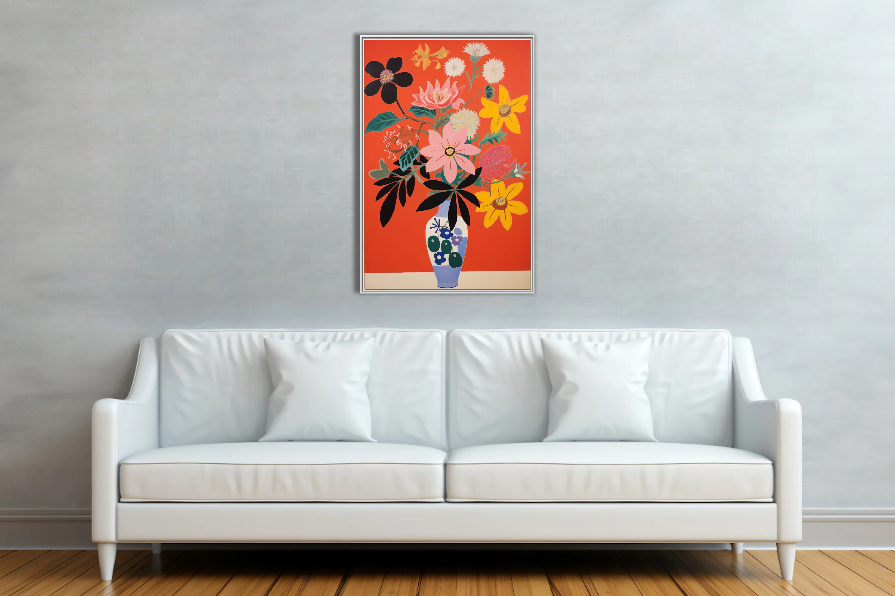 Bold abstract floral bouquet in decorated vase, red background, bold graphic style