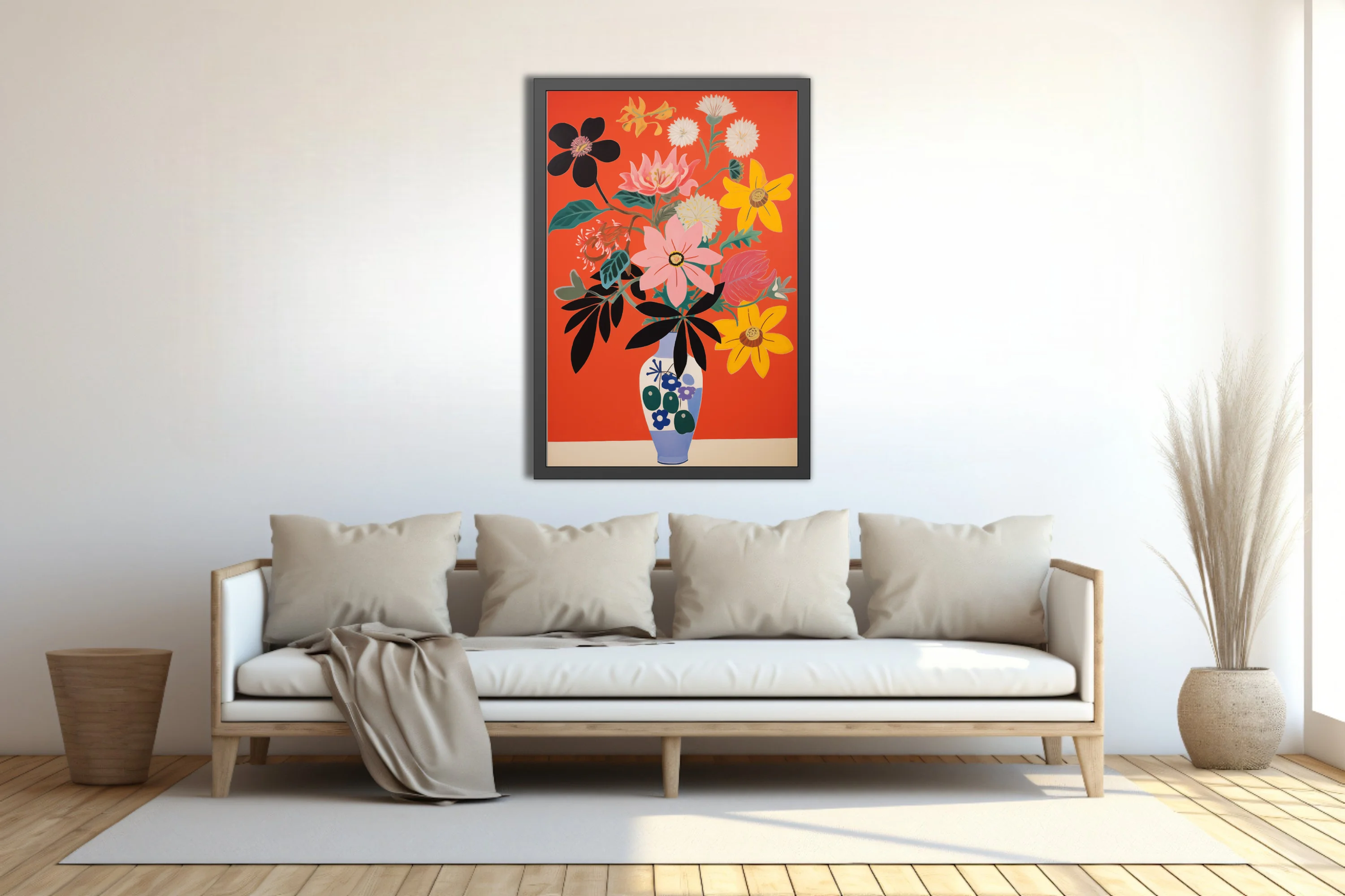 Bold abstract floral bouquet in decorated vase, red background, bold graphic style