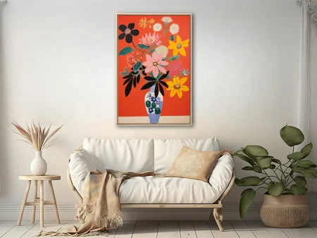 Bold abstract floral bouquet in decorated vase, red background, bold graphic style