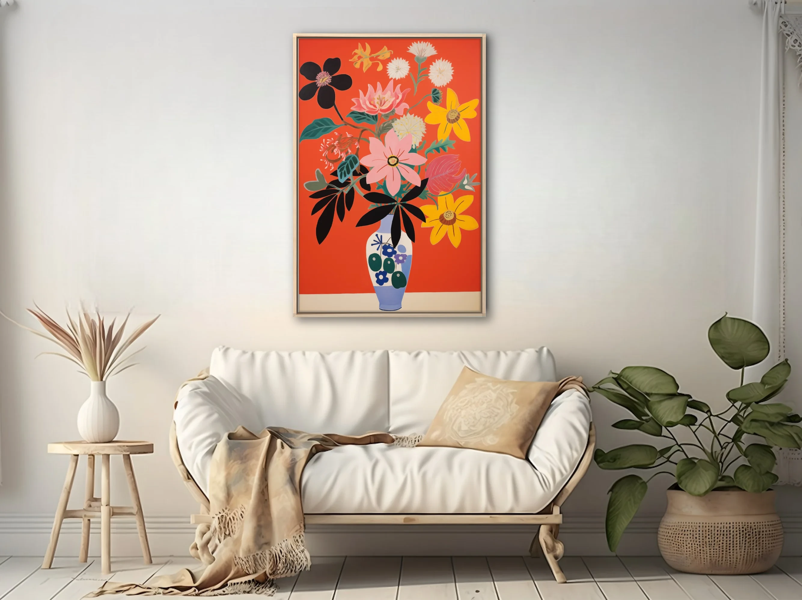 Bold abstract floral bouquet in decorated vase, red background, bold graphic style