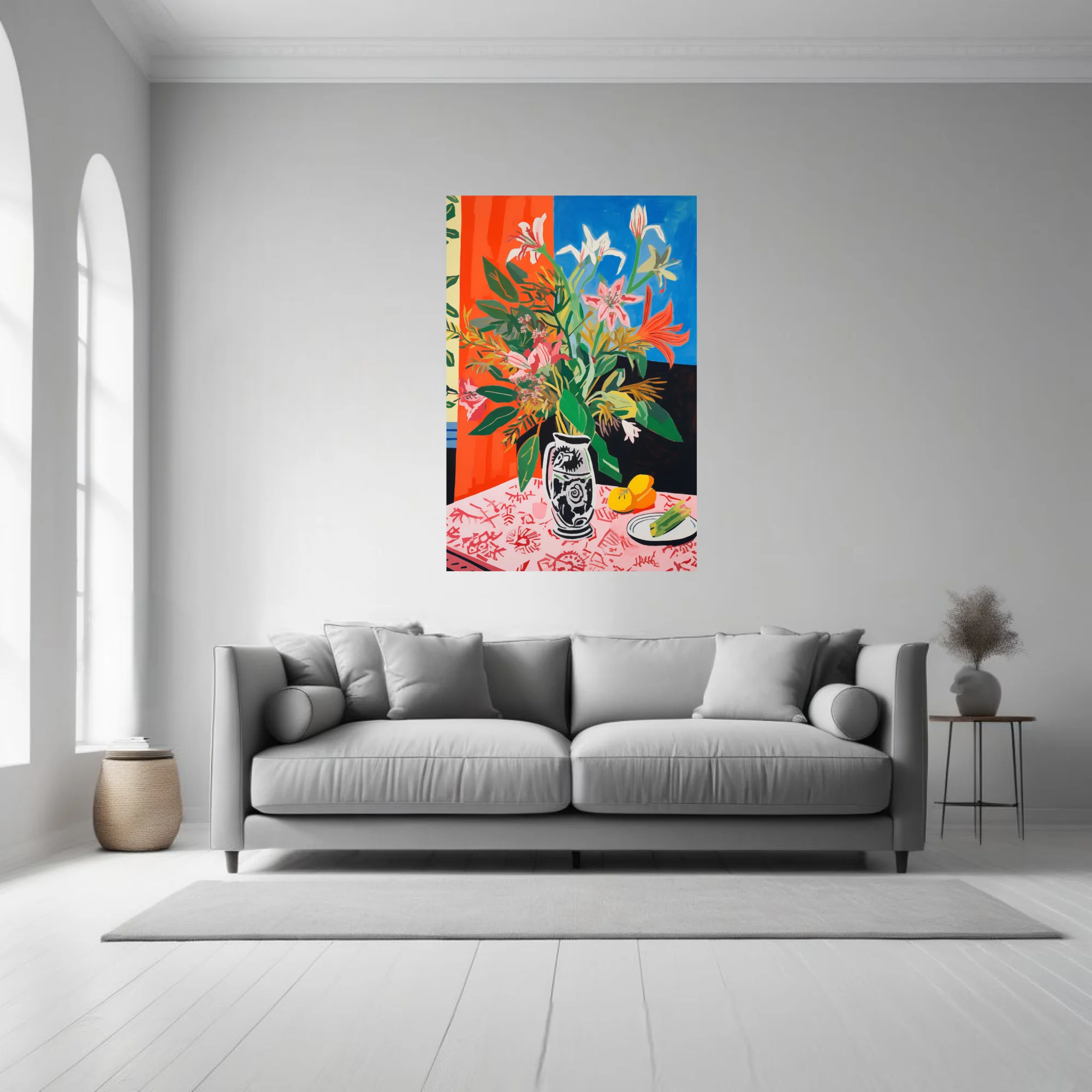 Saturated abstract floral still life, bold orange blue palette, decorated ceramic vase with lilies