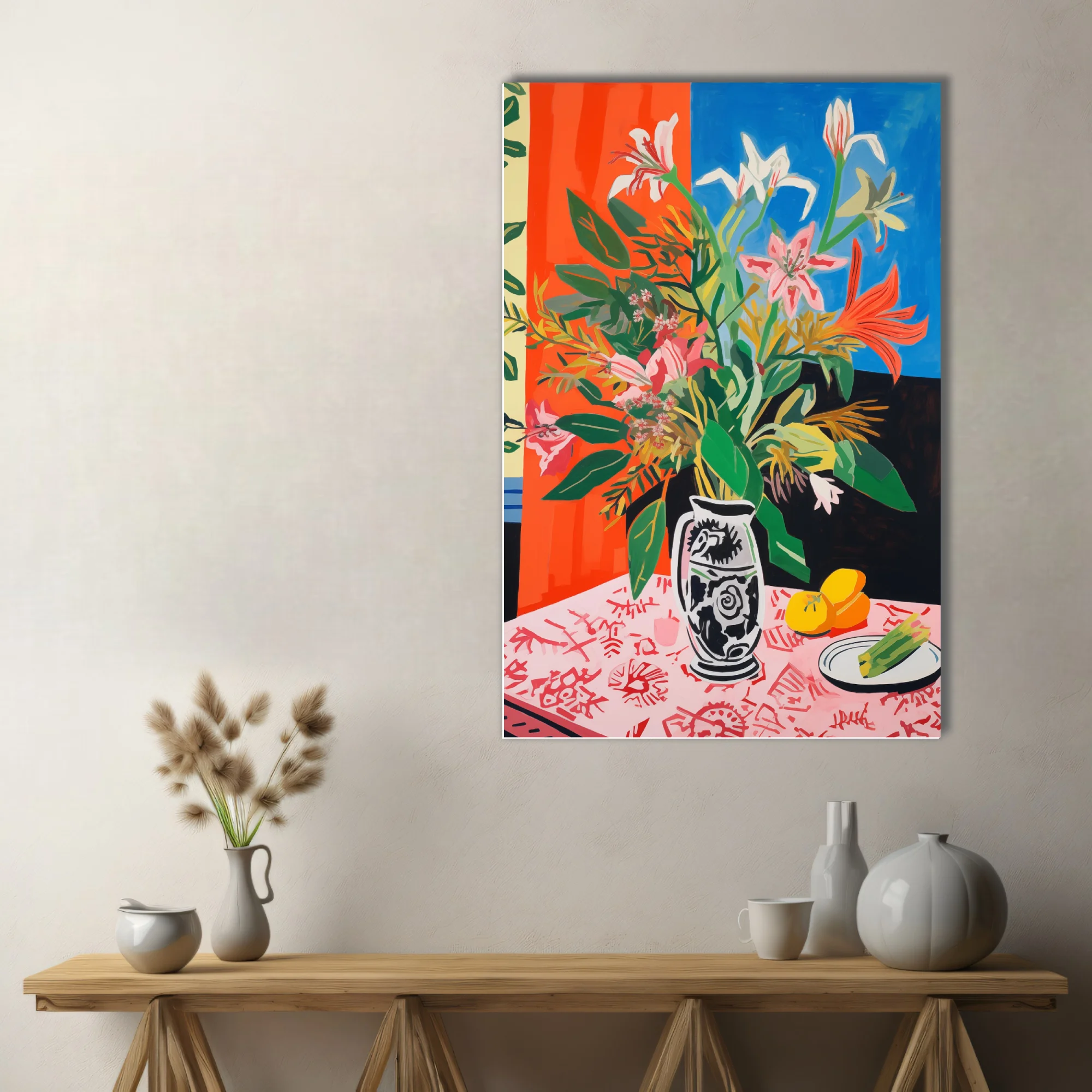 Saturated abstract floral still life, bold orange blue palette, decorated ceramic vase with lilies
