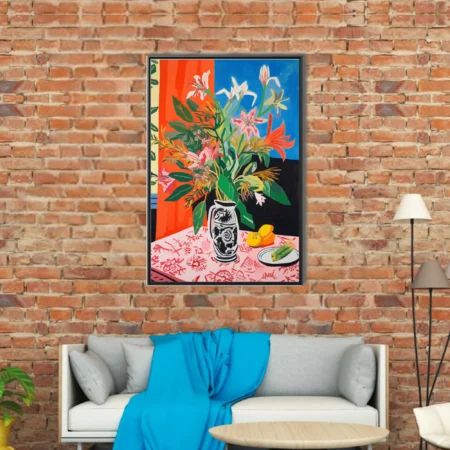 Saturated abstract floral still life, bold orange blue palette, decorated ceramic vase with lilies