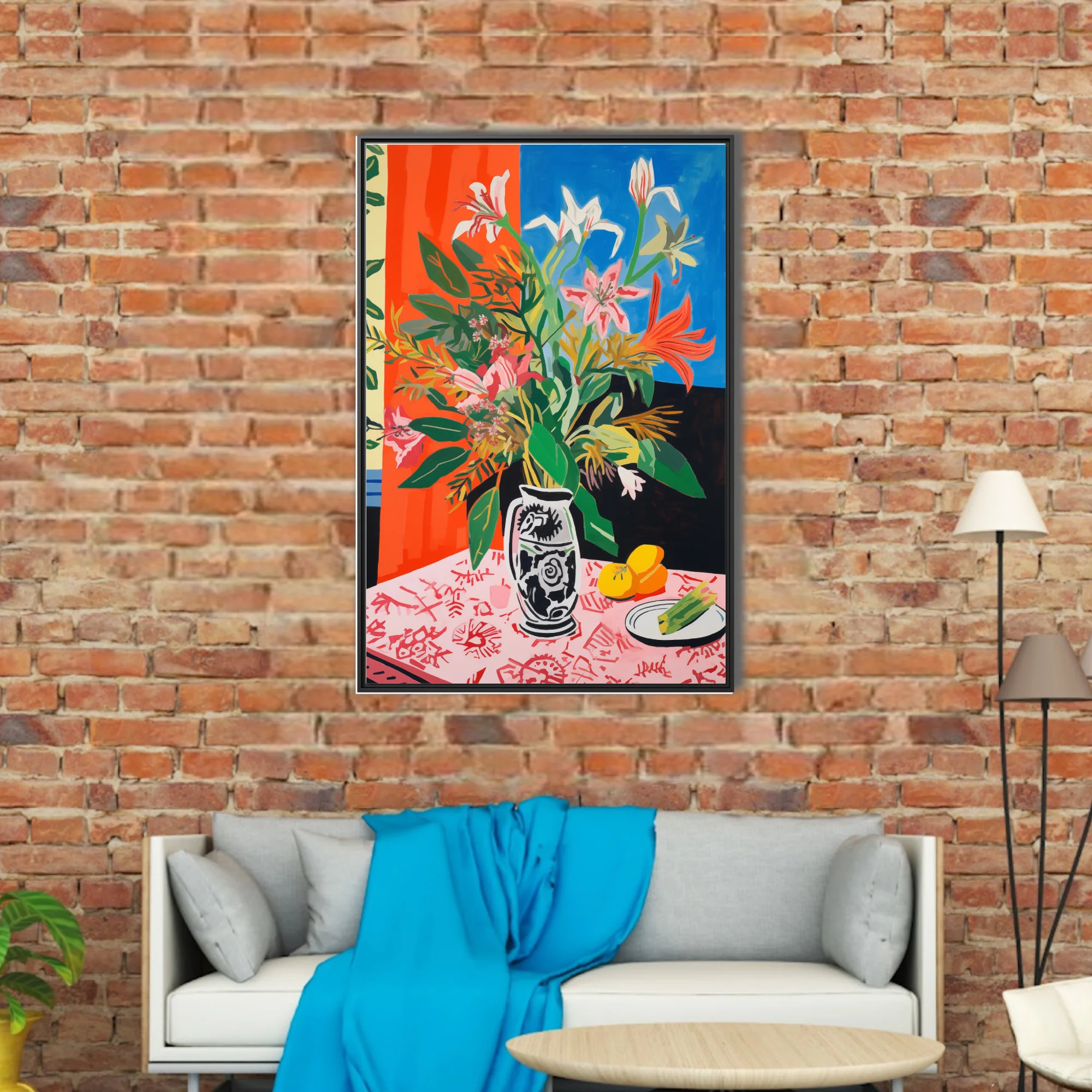 Saturated abstract floral still life, bold orange blue palette, decorated ceramic vase with lilies